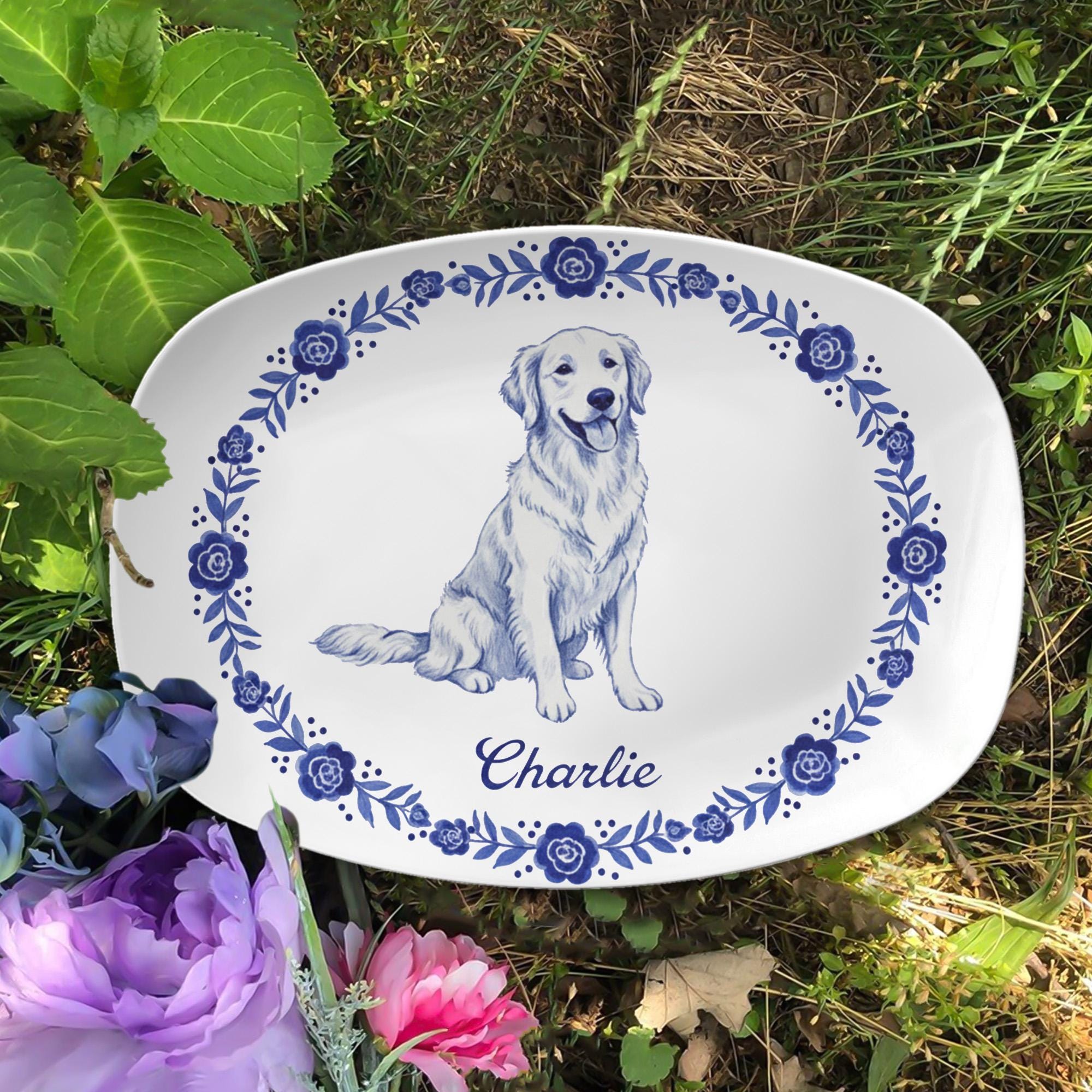 Custom Pet Portrait Platter with Blue Floral Border Design - Decor Only image 6