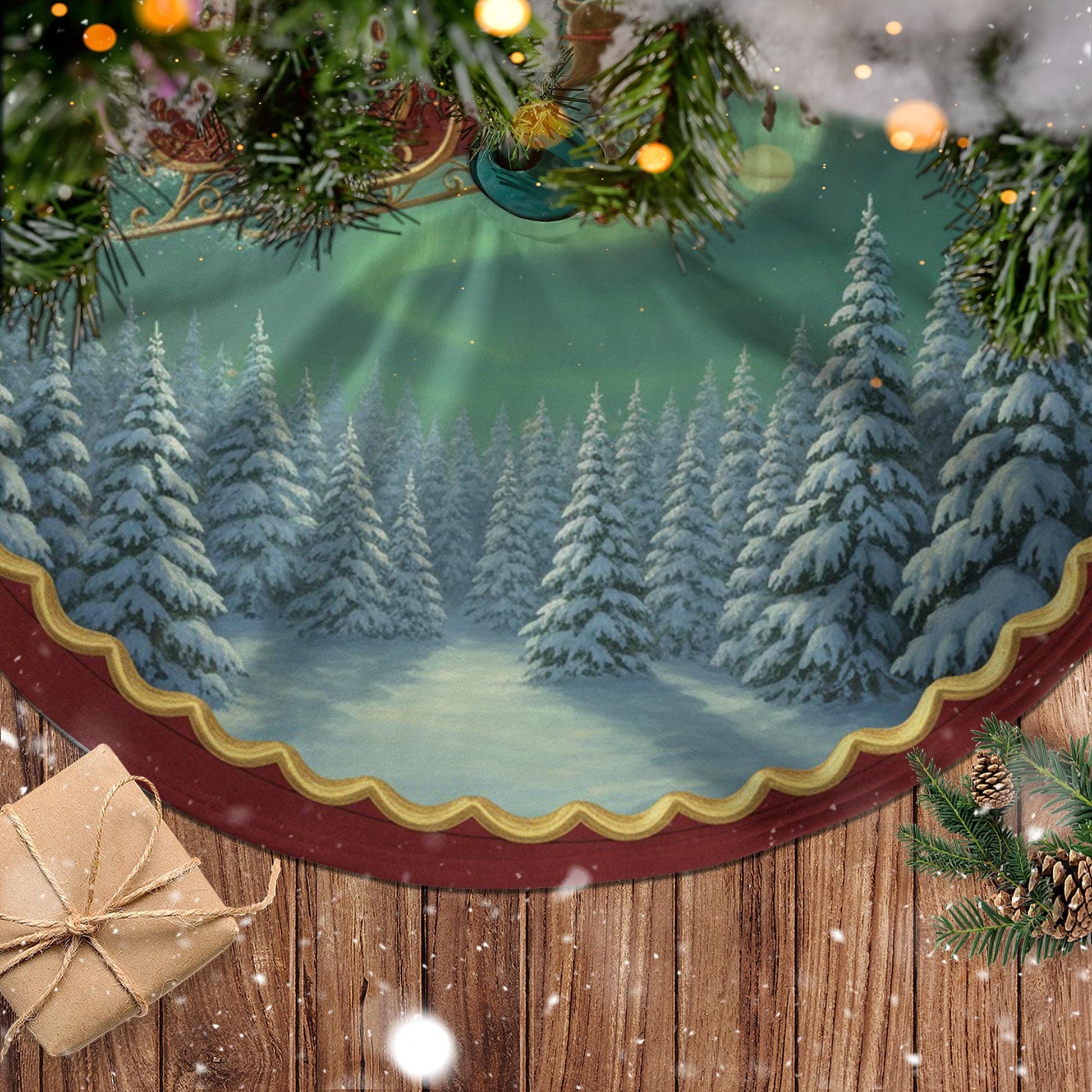 Christmas Tree Skirt: Santa Sleigh Scene, Aurora Forest Design image 3
