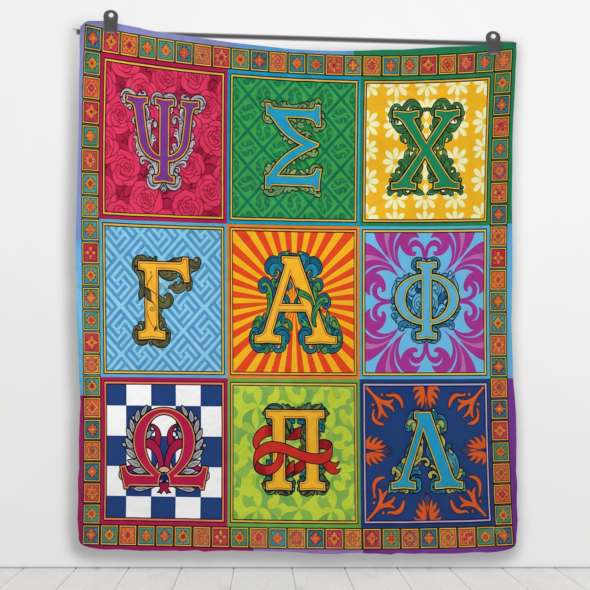 Fleece Quilt Blanket: Greek Letter Alphabet Throw, Colorful Ornate Grid Design image 5