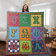 Fleece Quilt Blanket: Greek Letter Alphabet Throw, Colorful Ornate Grid Design image 1