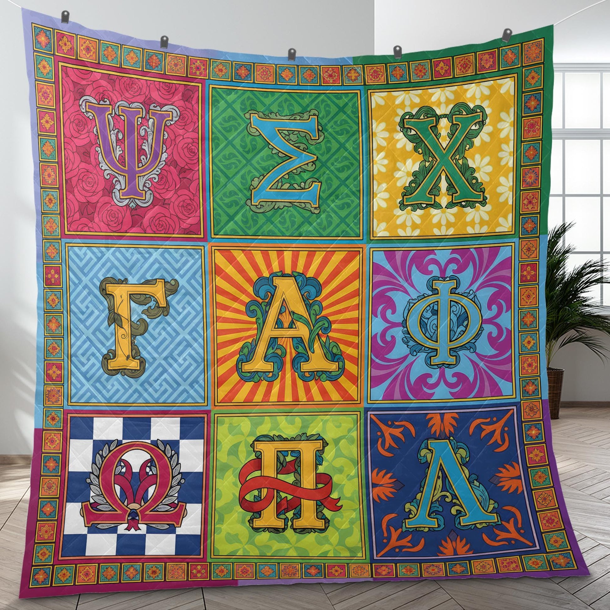 Fleece Quilt Blanket: Greek Letter Alphabet Throw, Colorful Ornate Grid Design image 4