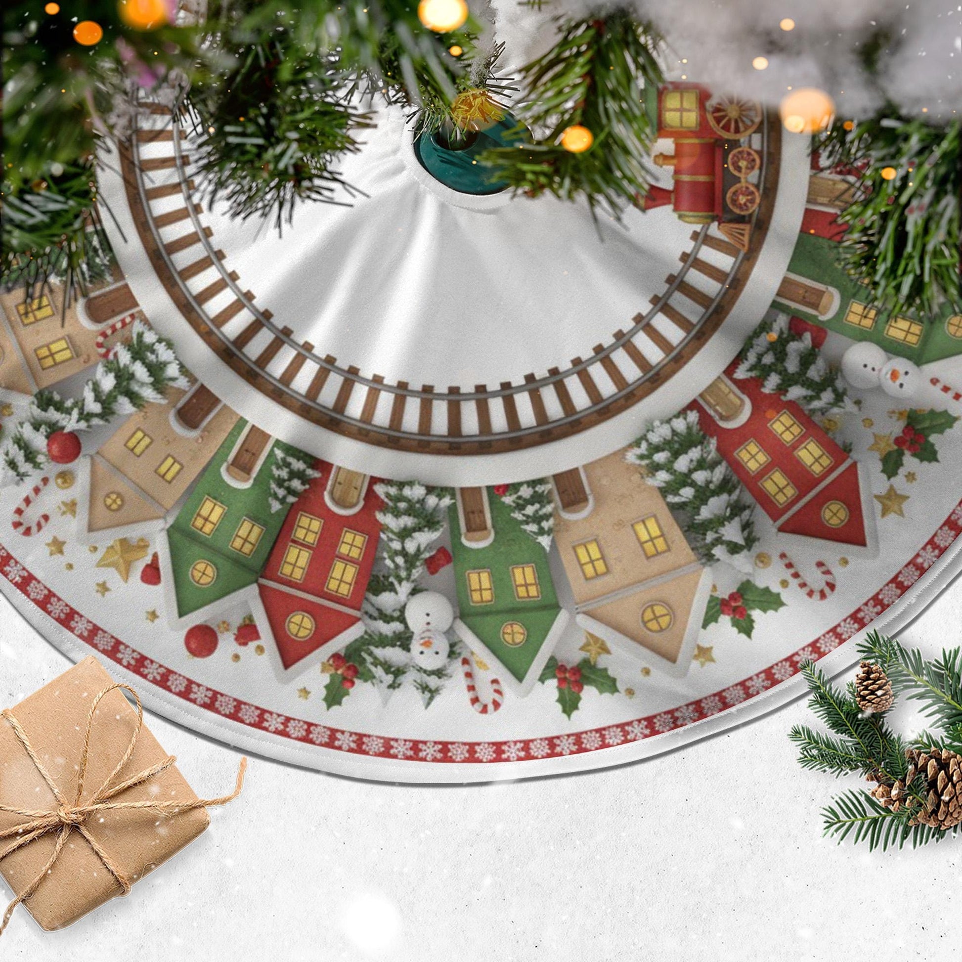 Christmas Tree Skirt: Toy Train Track Design, Holiday Village Scene image 3