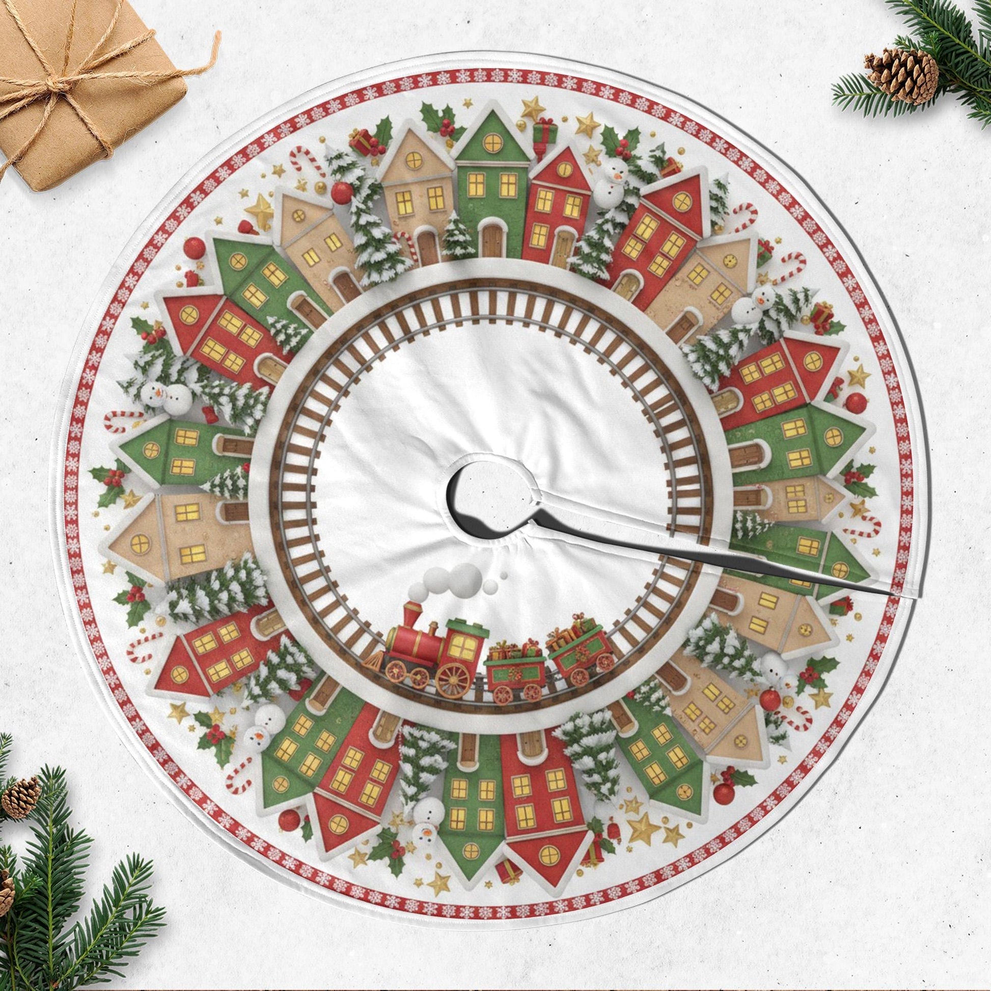 Christmas Tree Skirt: Toy Train Track Design, Holiday Village Scene image 4