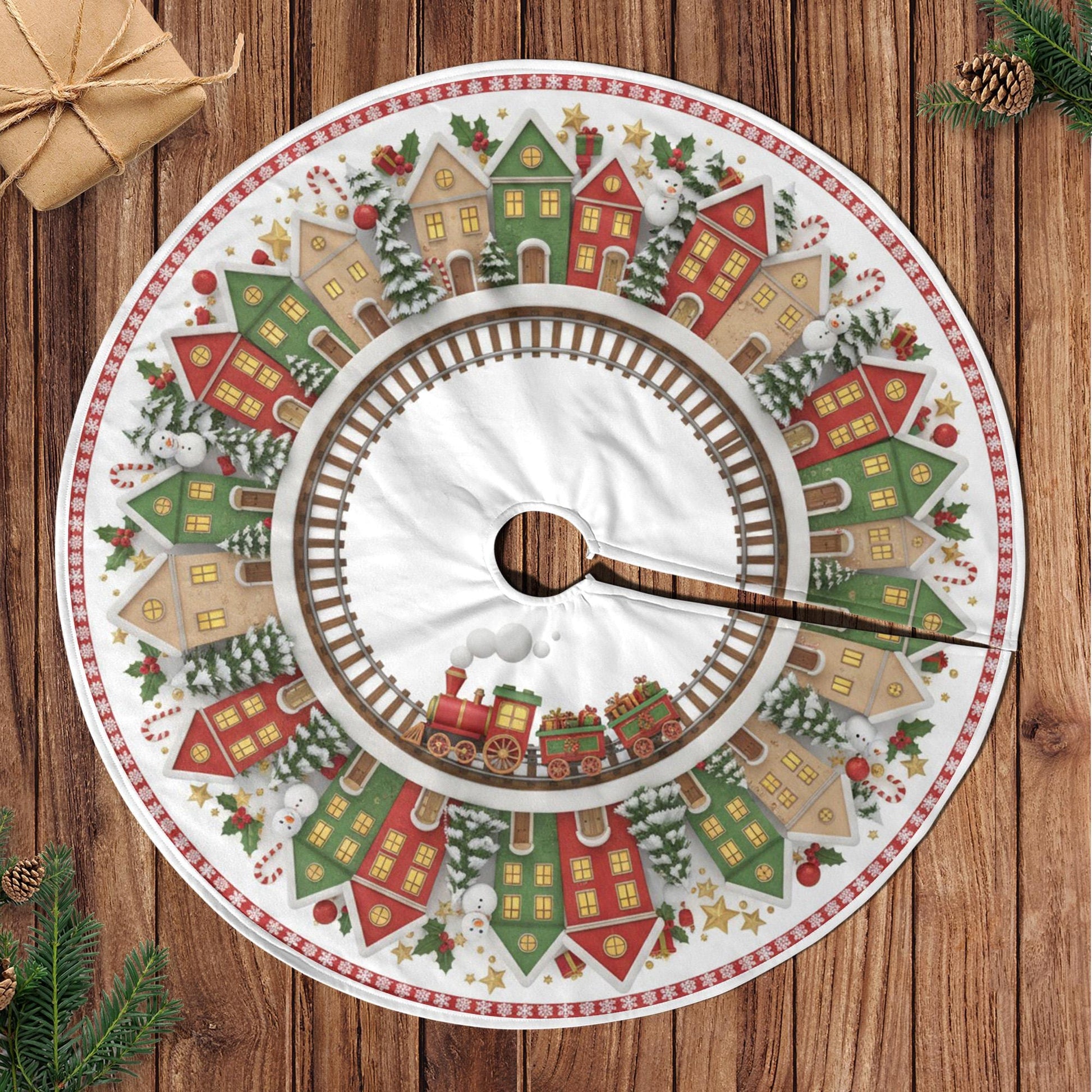 Christmas Tree Skirt: Toy Train Track Design, Holiday Village Scene image 1