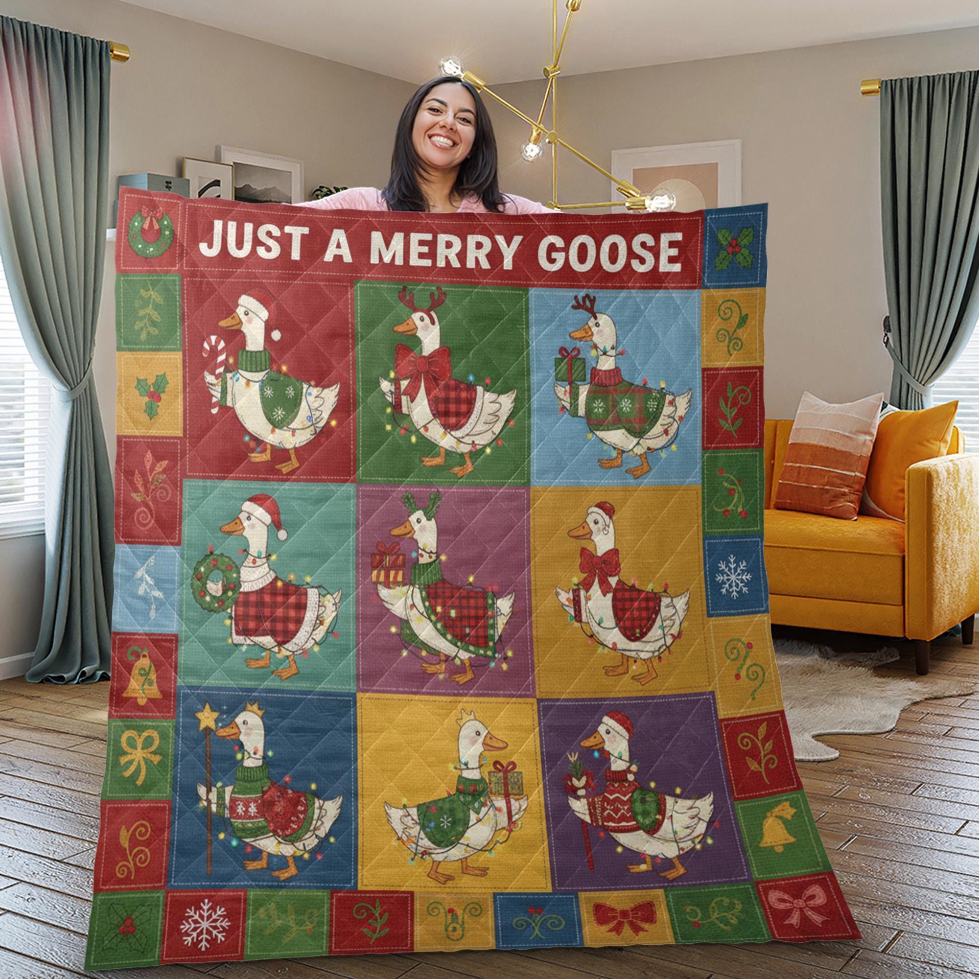 Fleece Quilt Blanket: "Just a Merry Goose" Throw, Festive Farmhouse Grid Design image 1