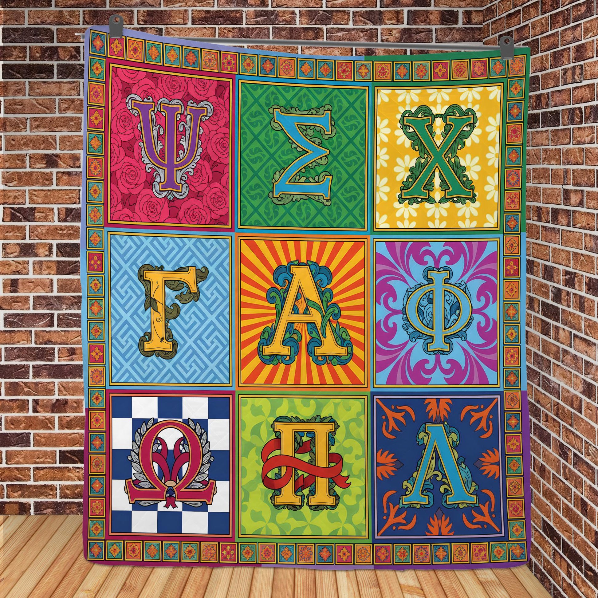 Fleece Quilt Blanket: Greek Letter Alphabet Throw, Colorful Ornate Grid Design image 3