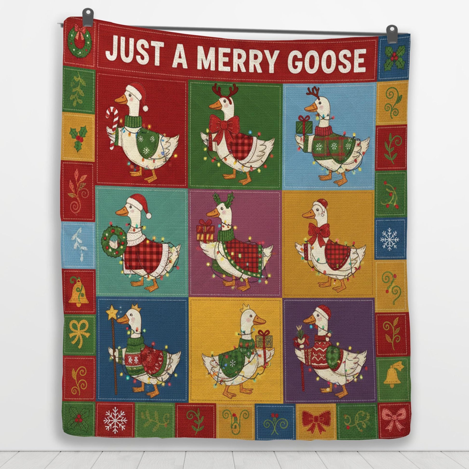 Fleece Quilt Blanket: "Just a Merry Goose" Throw, Festive Farmhouse Grid Design image 5