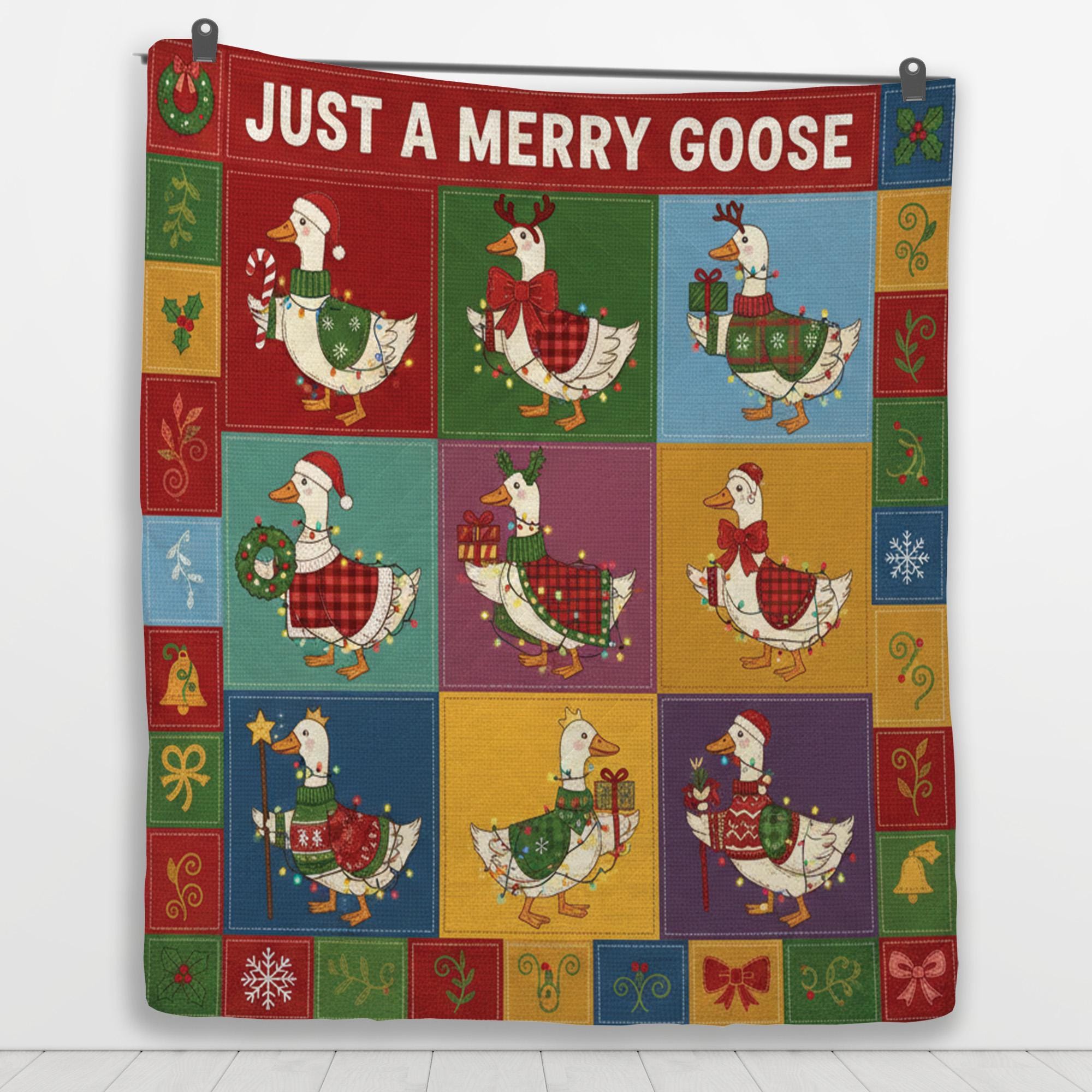 Fleece Quilt Blanket: "Just a Merry Goose" Throw, Festive Farmhouse Grid Design image 5