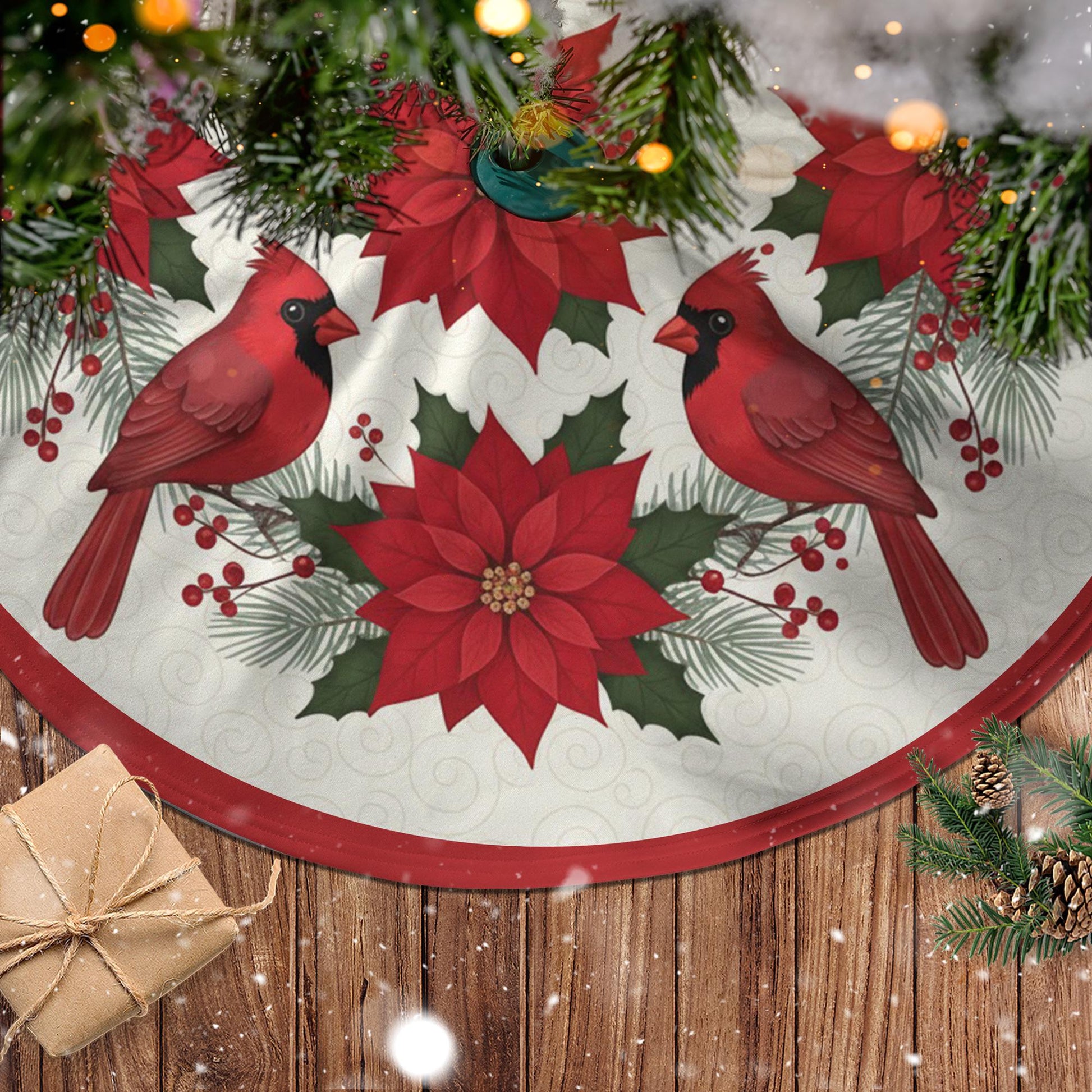 Christmas Tree Skirt: Cardinal Poinsettia Design, Holiday Pine Accents image 1