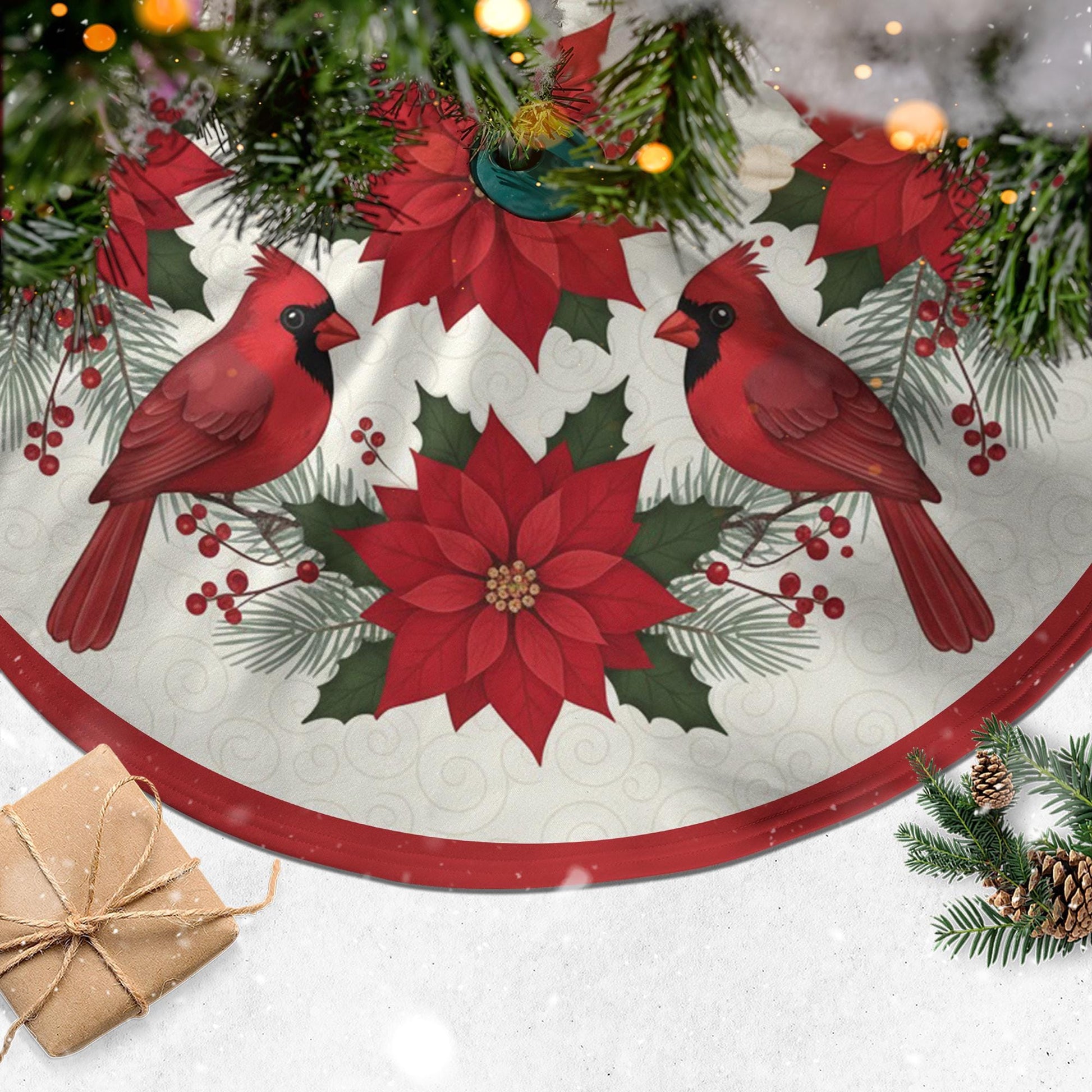 Christmas Tree Skirt: Cardinal Poinsettia Design, Holiday Pine Accents image 3