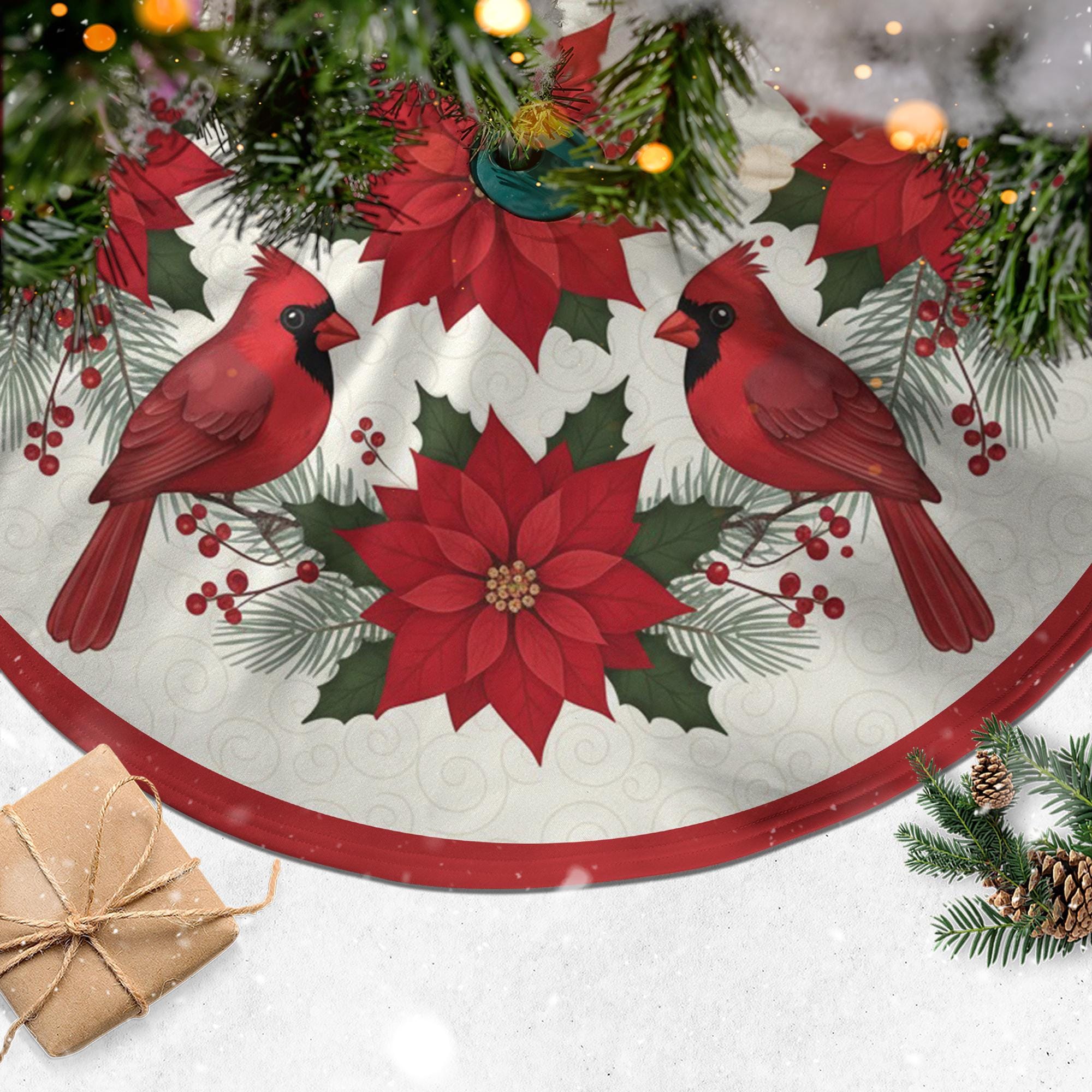 Christmas Tree Skirt: Cardinal Poinsettia Design, Holiday Pine Accents image 3