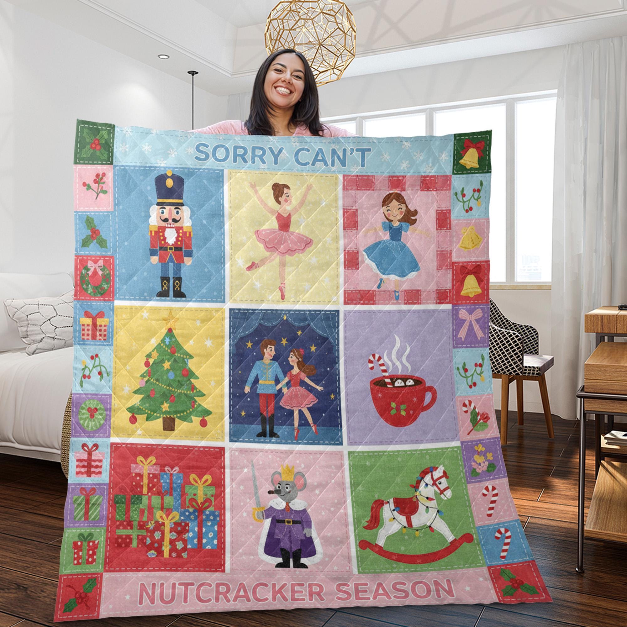 Fleece Quilt Blanket: "Sorry Can't Nutcracker Season" Throw, Ballet Theme Christmas Grid Design image 2
