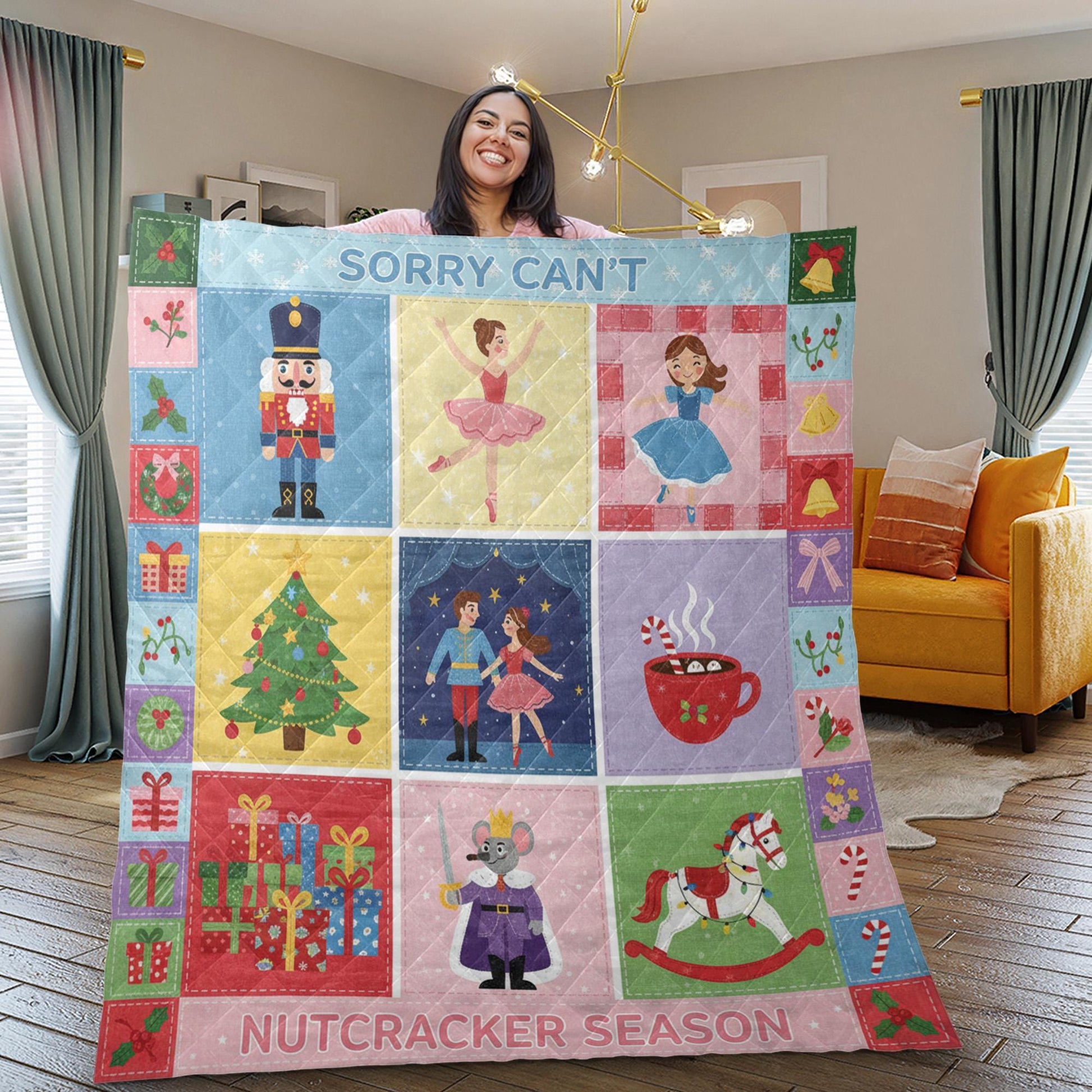 Fleece Quilt Blanket: "Sorry Can't Nutcracker Season" Throw, Ballet Theme Christmas Grid Design image 3
