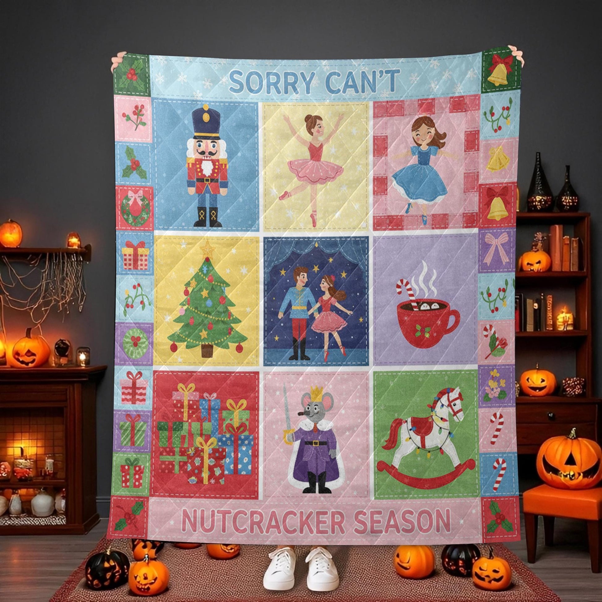 Fleece Quilt Blanket: "Sorry Can't Nutcracker Season" Throw, Ballet Theme Christmas Grid Design image 8