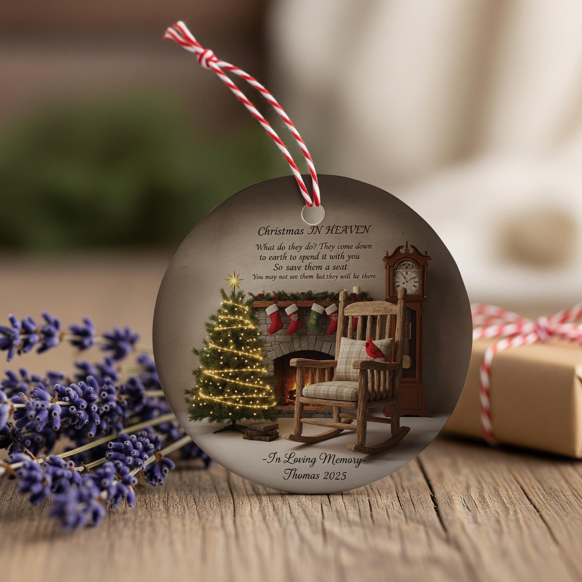 Personalized Memorial Ornament: "Christmas in Heaven" Ceramic Disc, Rocking Chair Cardinal Scene image 1
