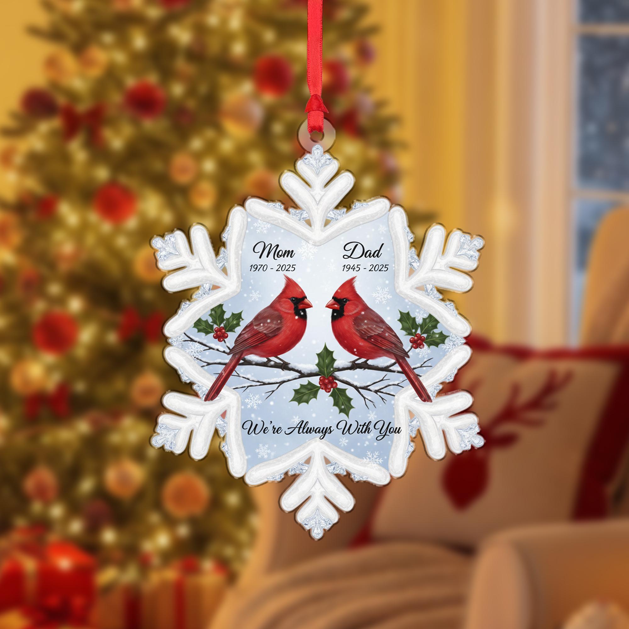 Personalized Memorial Ornament: Clear Snowflake Shape, Two Cardinals, "We're Always With You" image 2