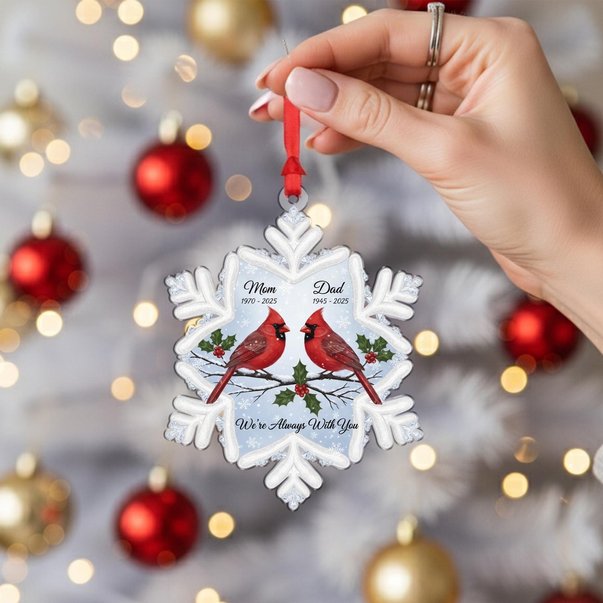Personalized Memorial Ornament: Clear Snowflake Shape, Two Cardinals, "We're Always With You" image 5