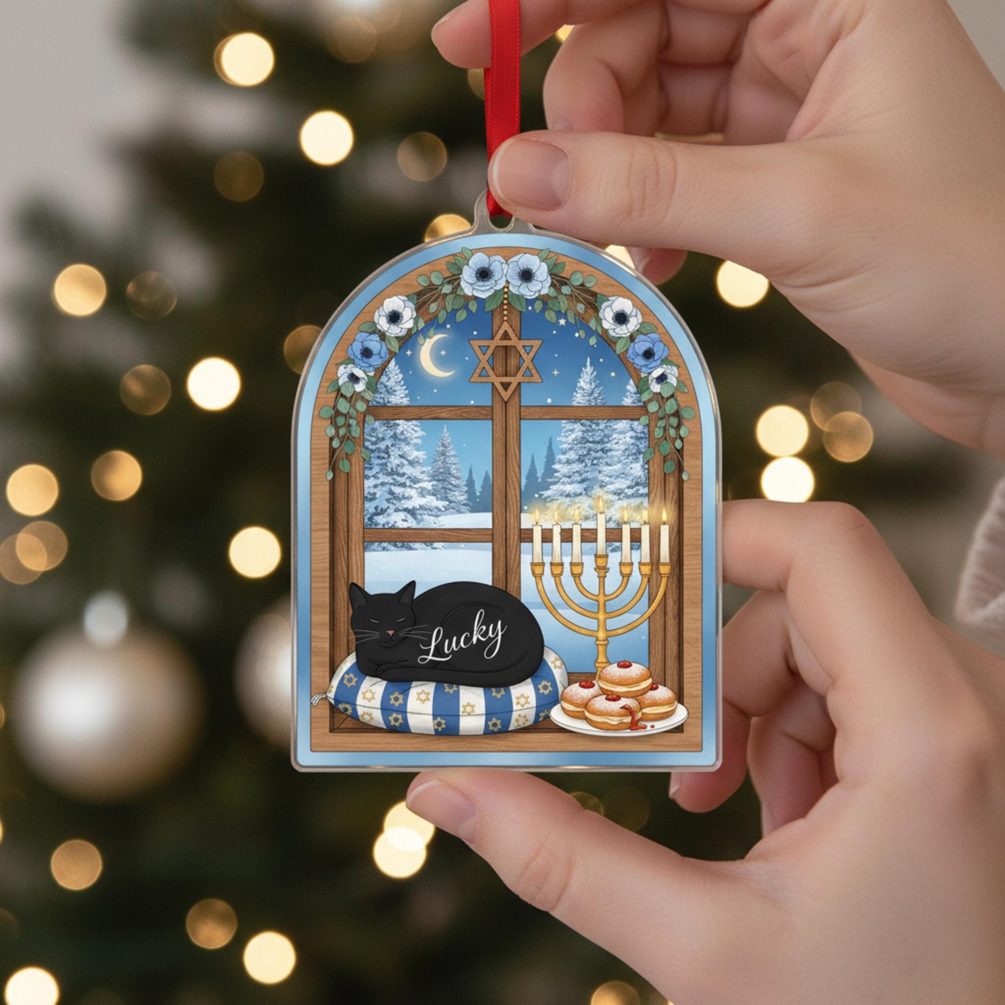 Personalized Hanukkah Cat Ornament: 2D Menorah Window Decor image 5