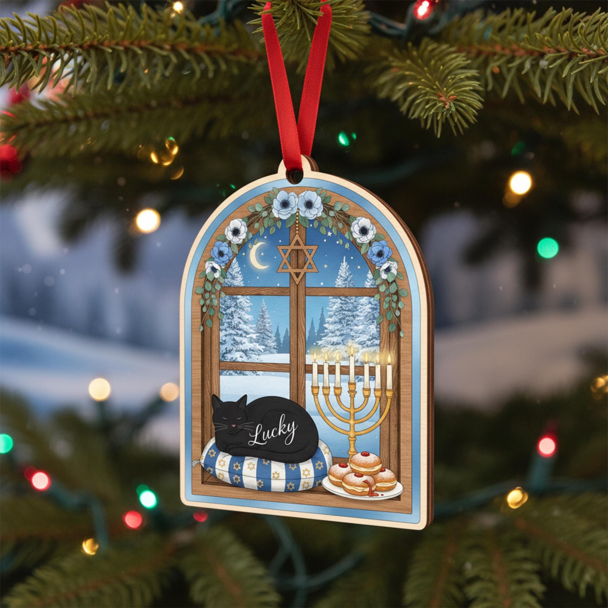 Personalized Hanukkah Cat Ornament: 2D Menorah Window Decor image 6