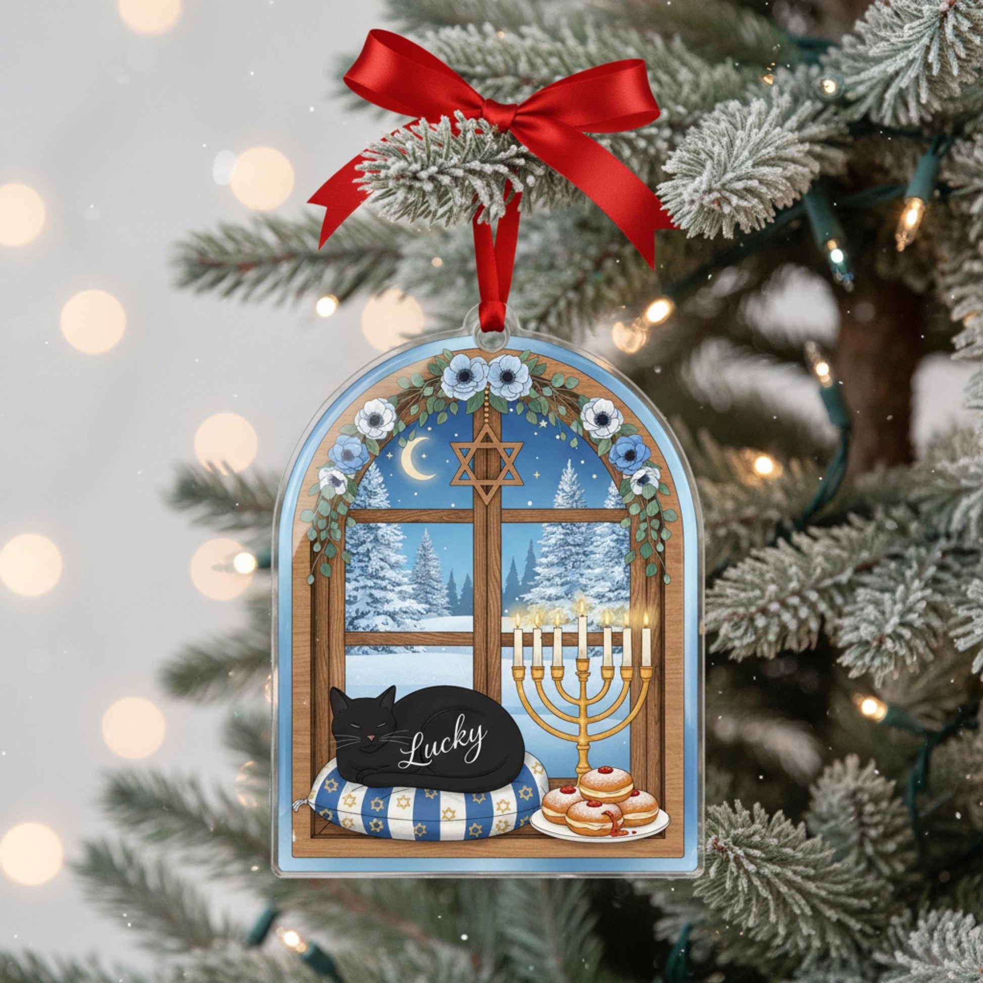 Personalized Hanukkah Cat Ornament: 2D Menorah Window Decor image 1