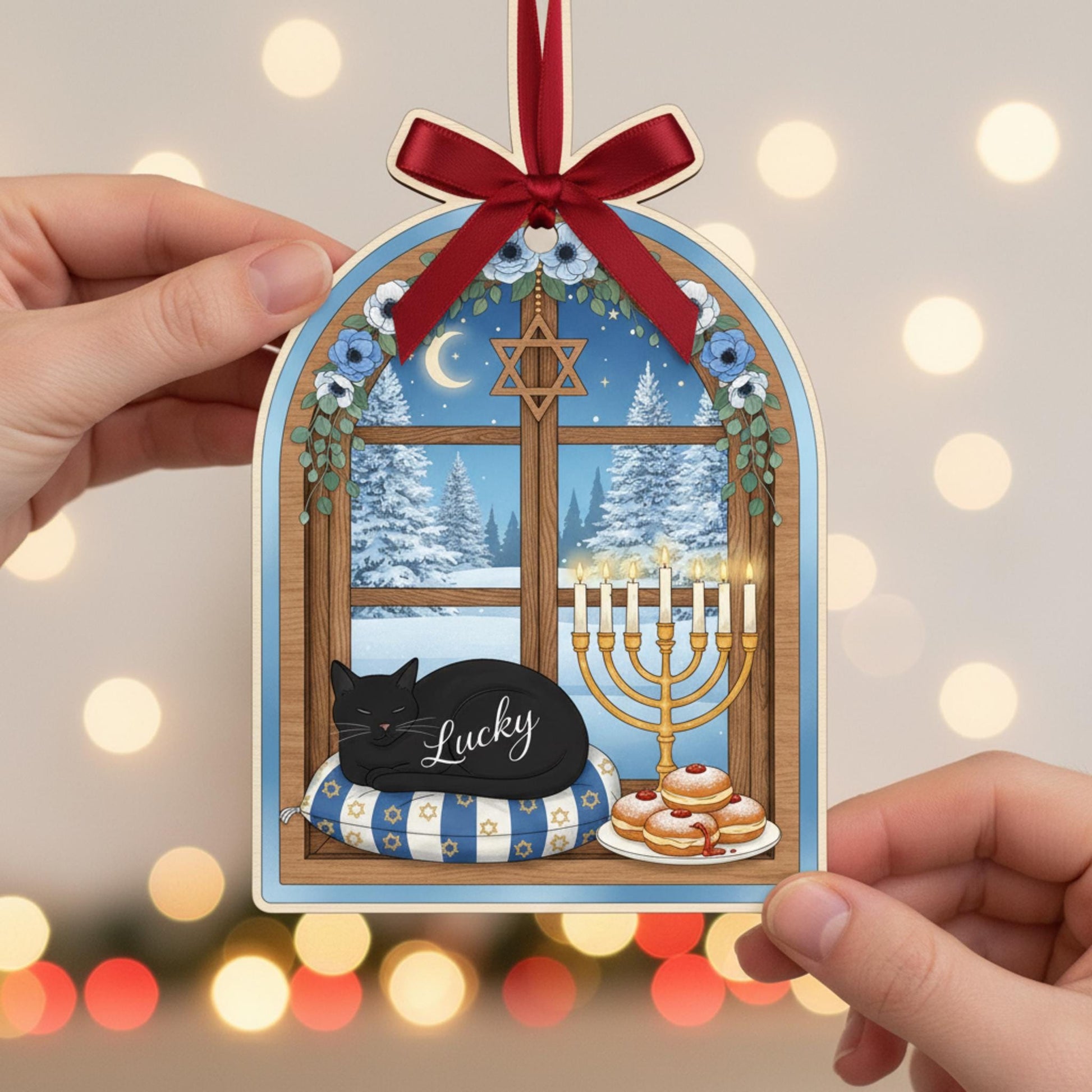 Personalized Hanukkah Cat Ornament: 2D Menorah Window Decor image 2