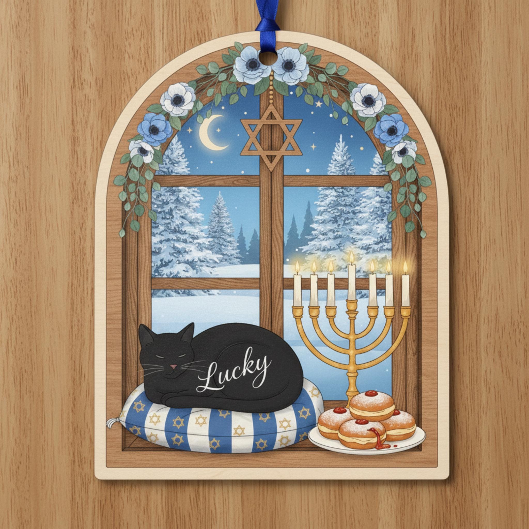 Personalized Hanukkah Cat Ornament: 2D Menorah Window Decor image 3