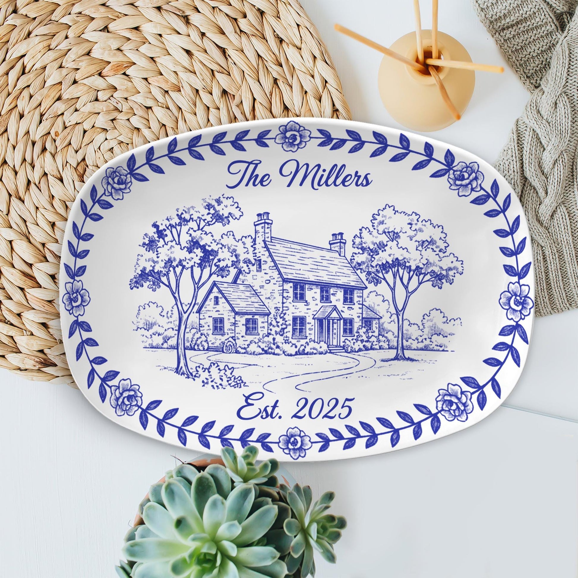 Custom House Photo Platter: Personalized Chinoiserie Decor Plate image 1
