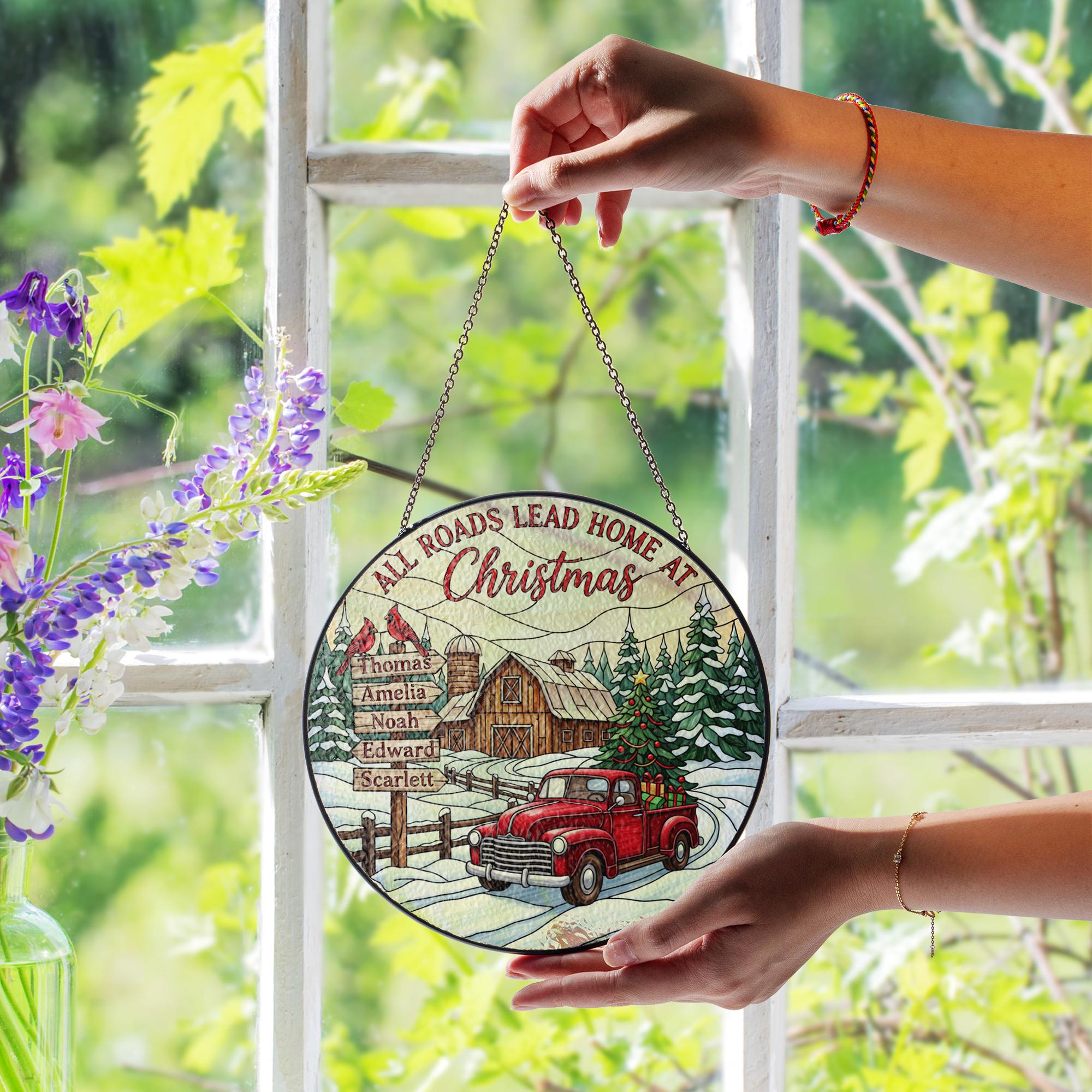 Custom Farmhouse Christmas Family Glass Suncatcher with Red Truck Window Hanging image 3
