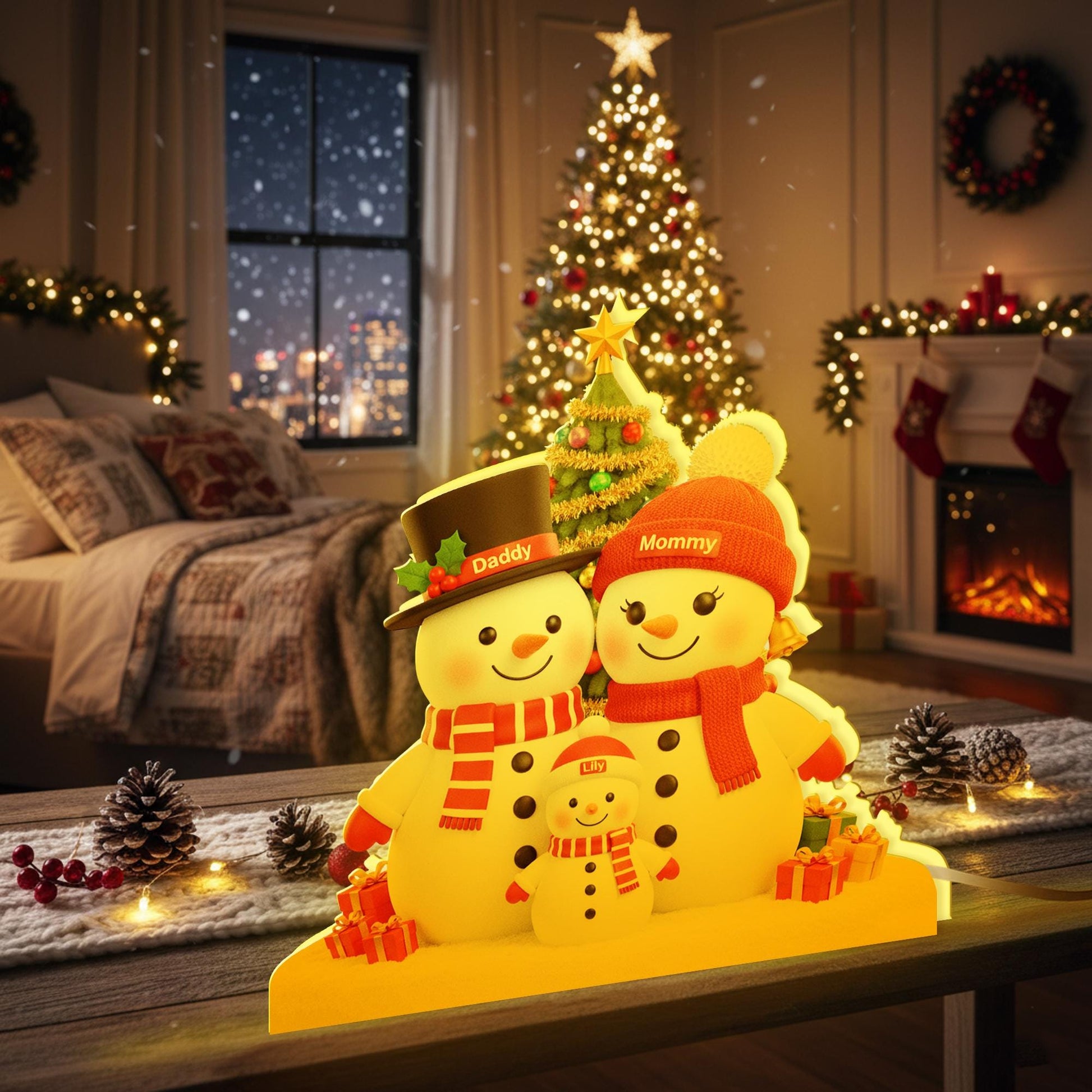 Custom Family Snowman LED Light Box– Mommy Daddy Lily Snowman Lamp Gift image 1