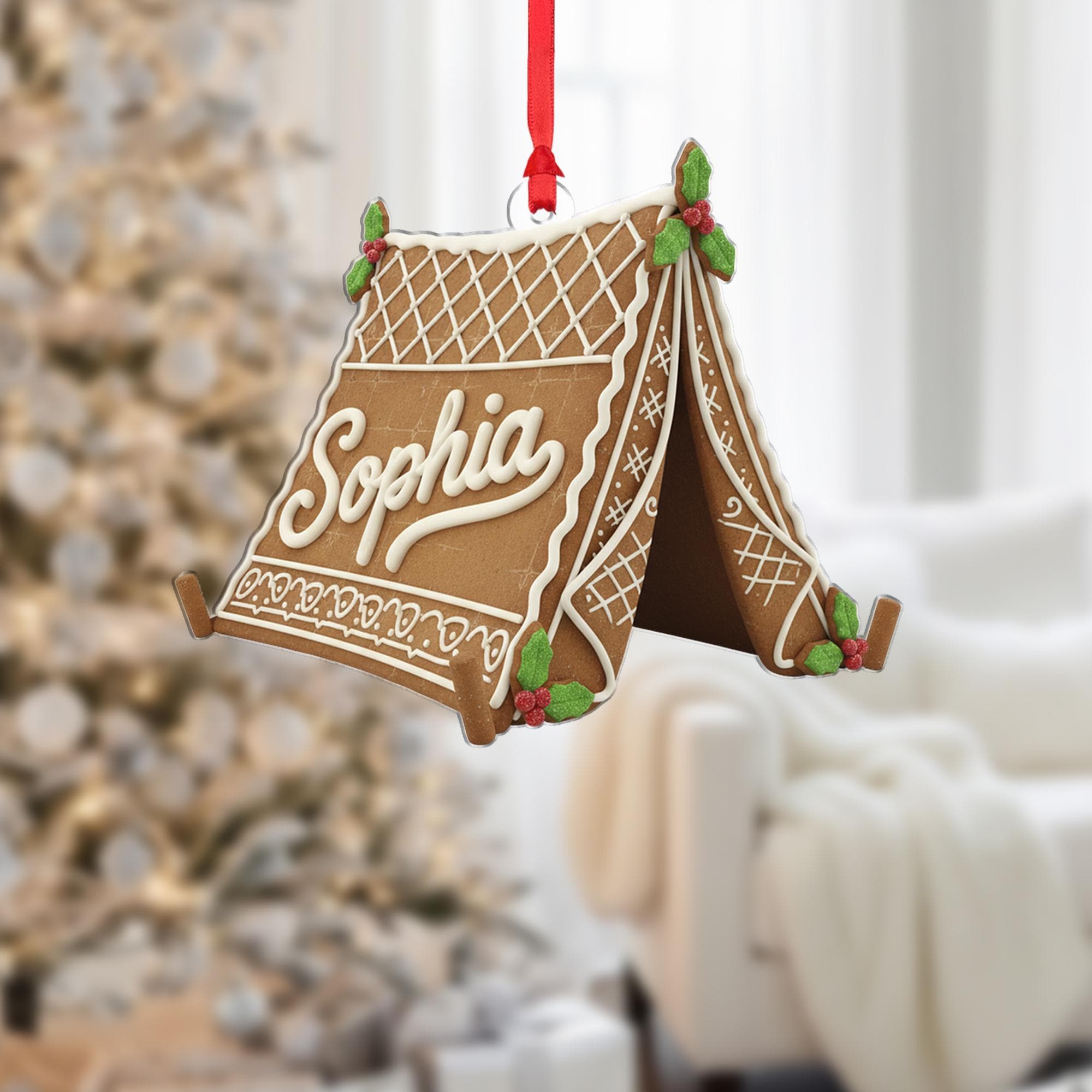 Personalized Gingerbread Tent Ornament: Custom Name Acrylic, Camper Gift image 1