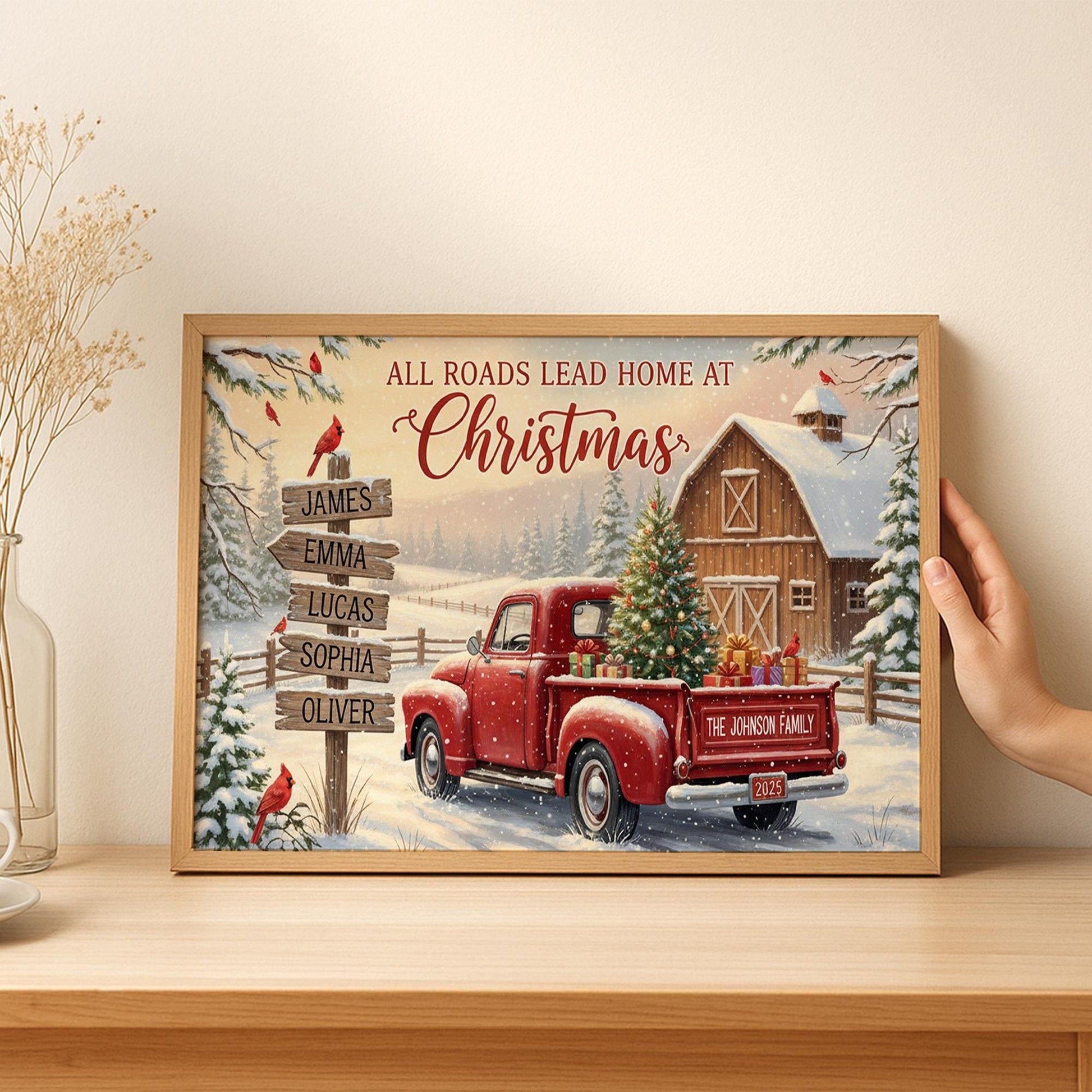 Custom Christmas Farmhouse Unframed Poster or Canvas with Red Truck and Family Names image 1