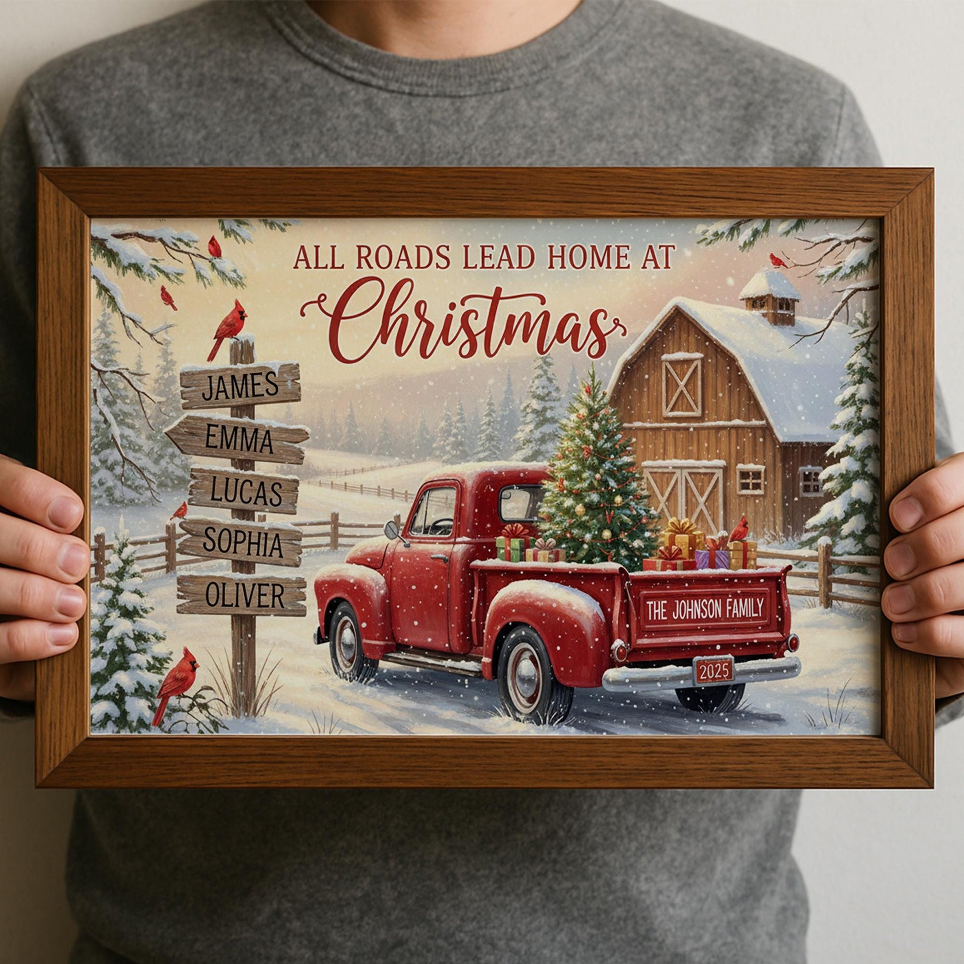 Custom Christmas Farmhouse Unframed Poster or Canvas with Red Truck and Family Names image 3