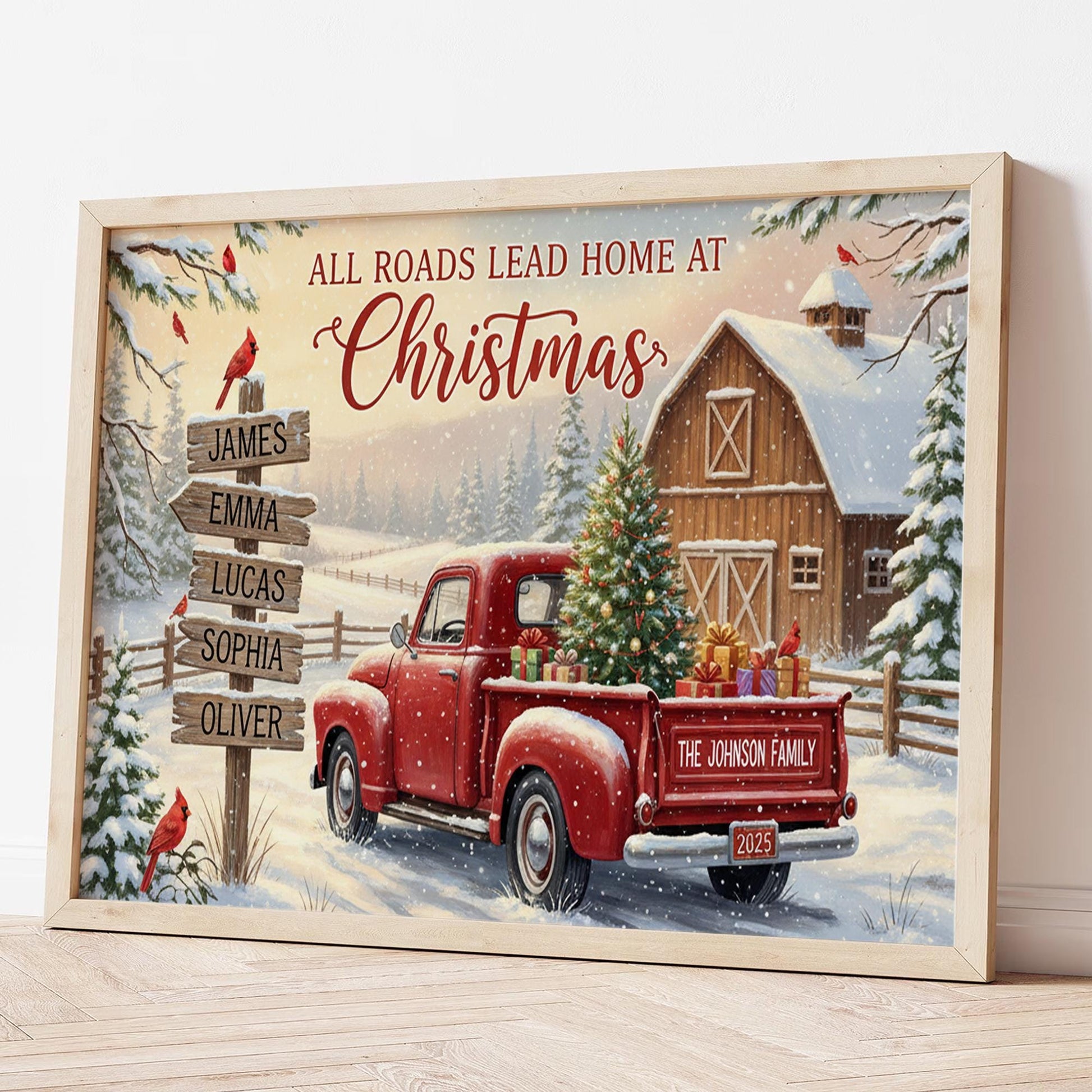 Custom Christmas Farmhouse Unframed Poster or Canvas with Red Truck and Family Names image 4