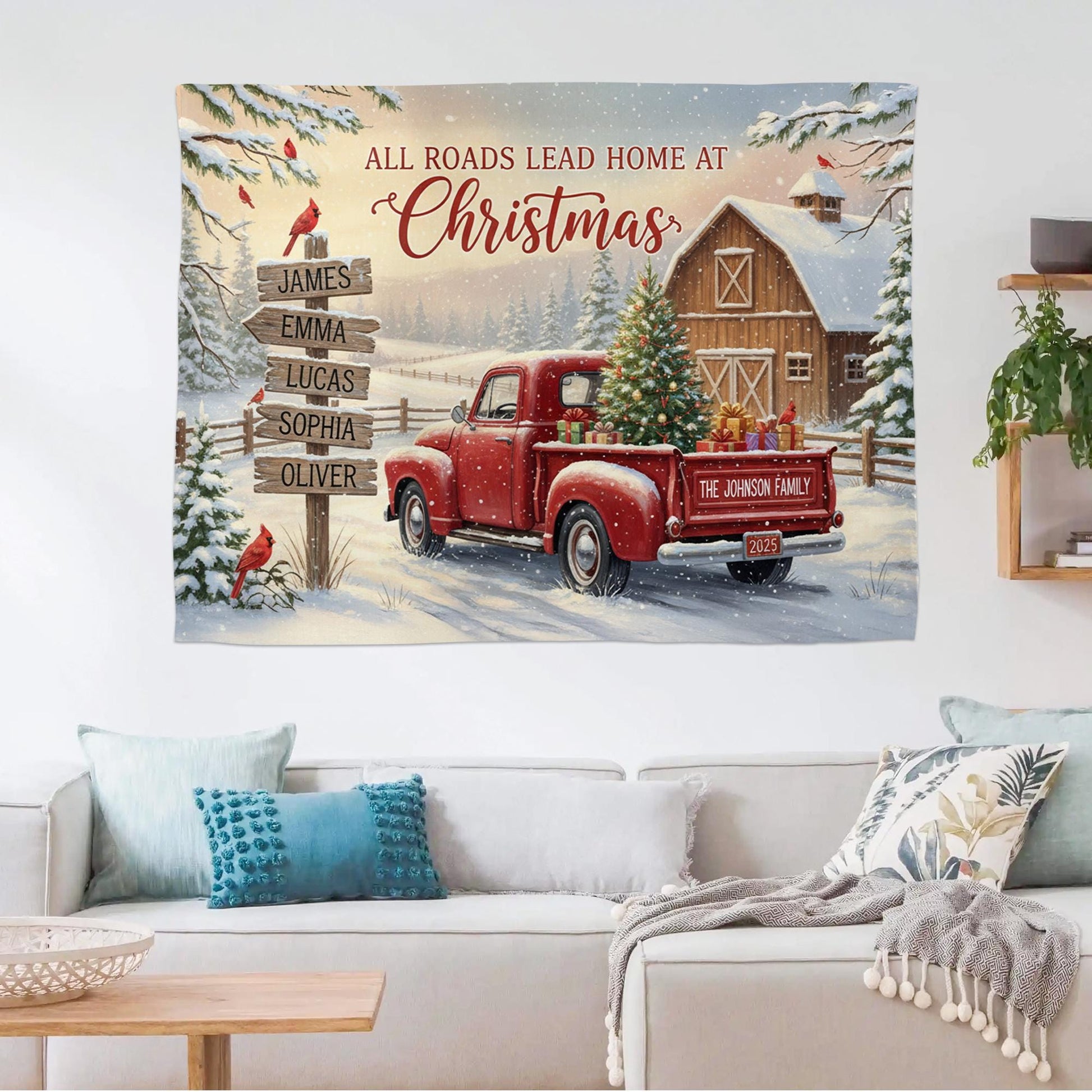 Custom Christmas Farmhouse Tapestry with Red Truck and Barn Scene image 2