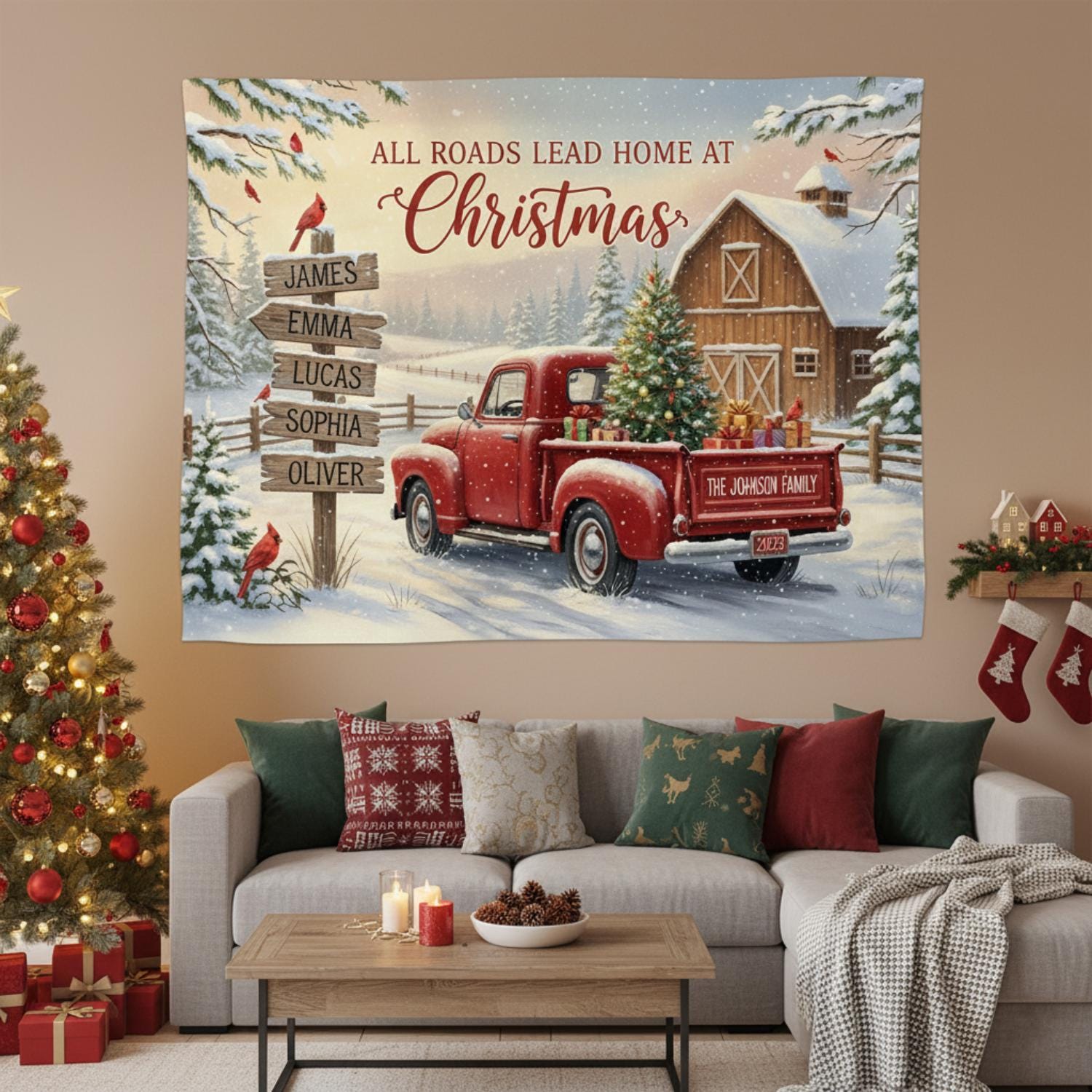 Custom Christmas Farmhouse Tapestry with Red Truck and Barn Scene image 1