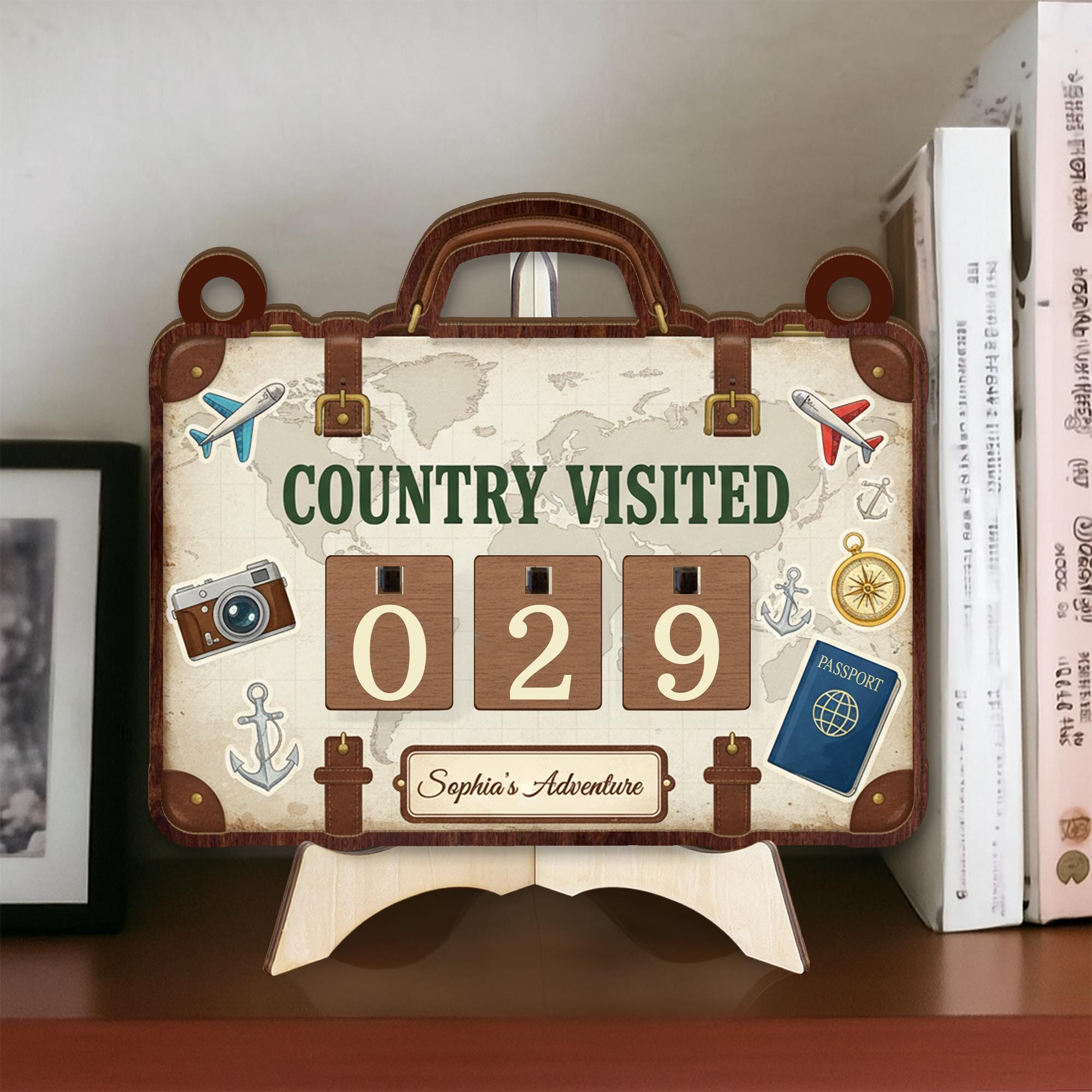 Personalized Travel Tracker Sign with Country Counter and Suitcase Map Design image 1