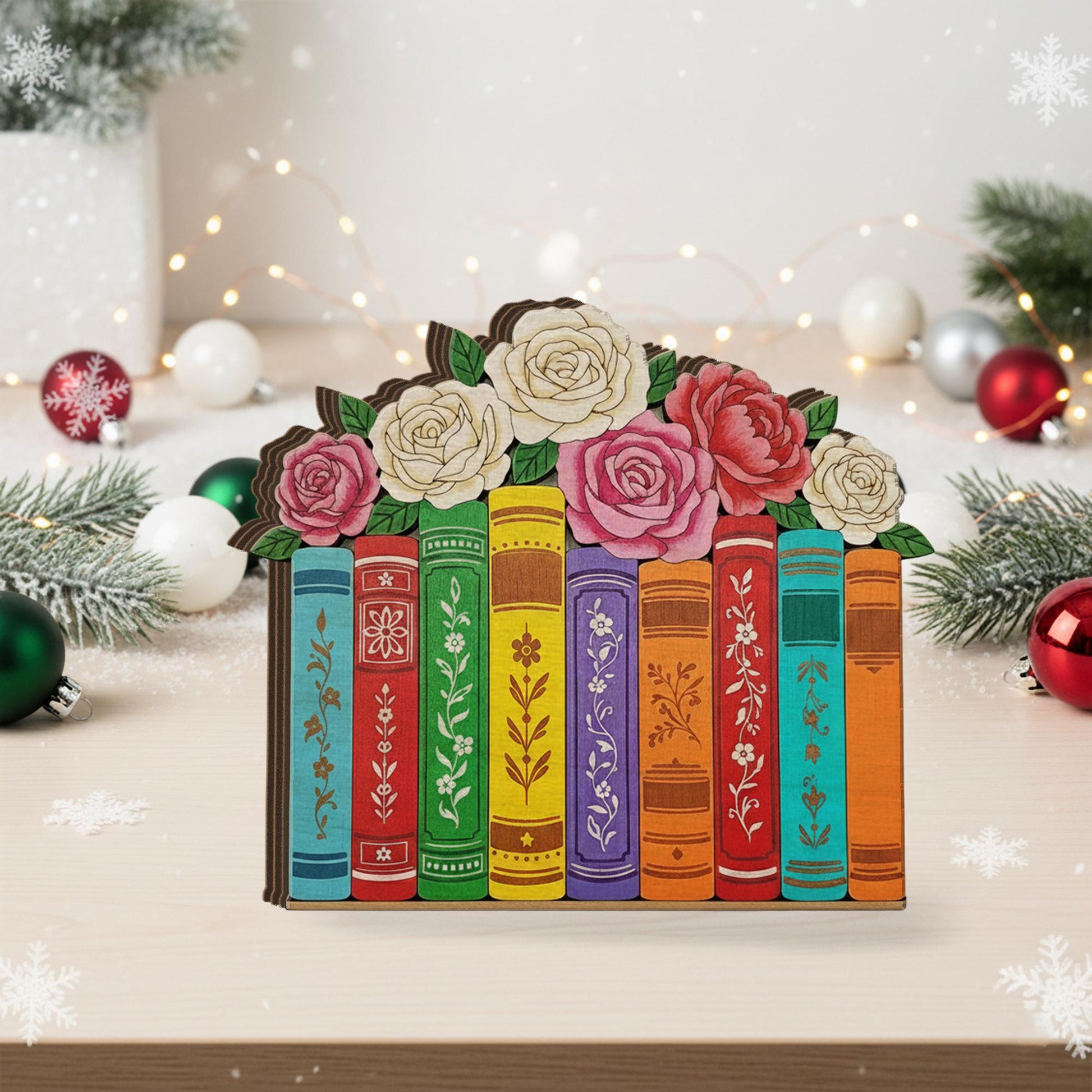Wooden Bookshelf Block – Floral Book Stack Design, Colorful Library Decor, Book Lover Home Decoration image 5