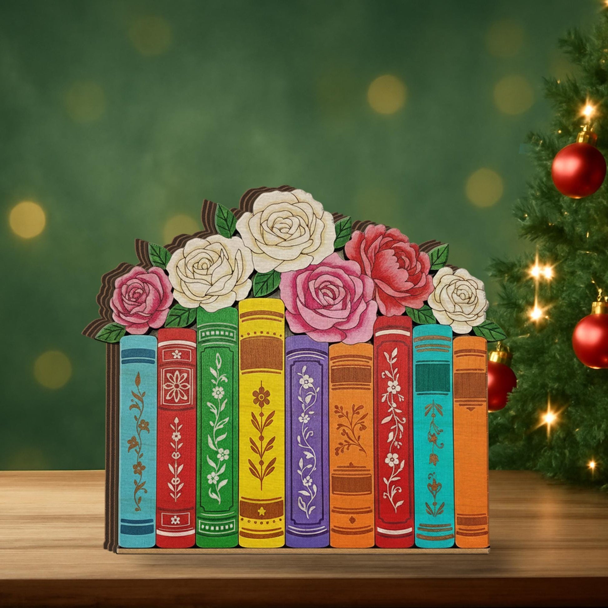 Wooden Bookshelf Block – Floral Book Stack Design, Colorful Library Decor, Book Lover Home Decoration image 6