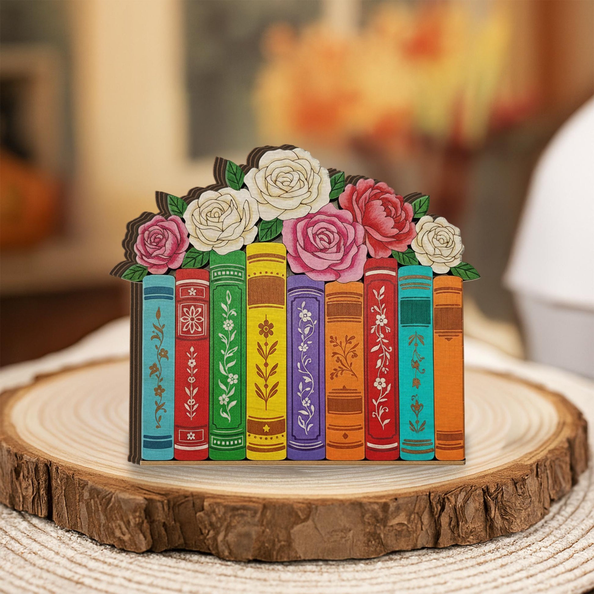 Wooden Bookshelf Block – Floral Book Stack Design, Colorful Library Decor, Book Lover Home Decoration image 2