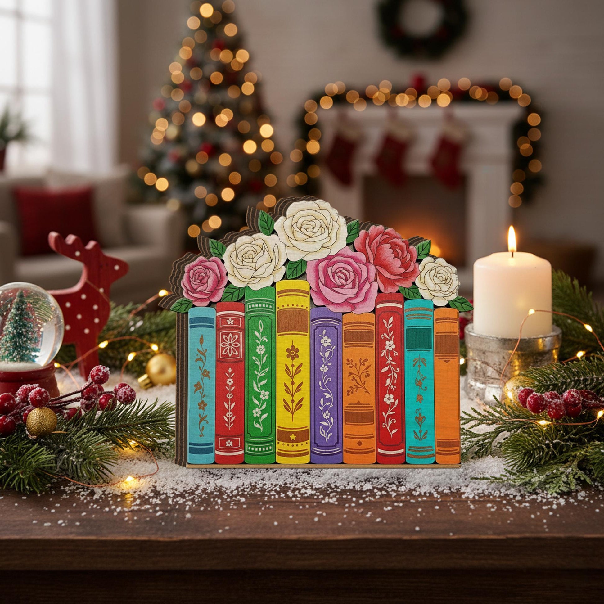 Wooden Bookshelf Block – Floral Book Stack Design, Colorful Library Decor, Book Lover Home Decoration image 4