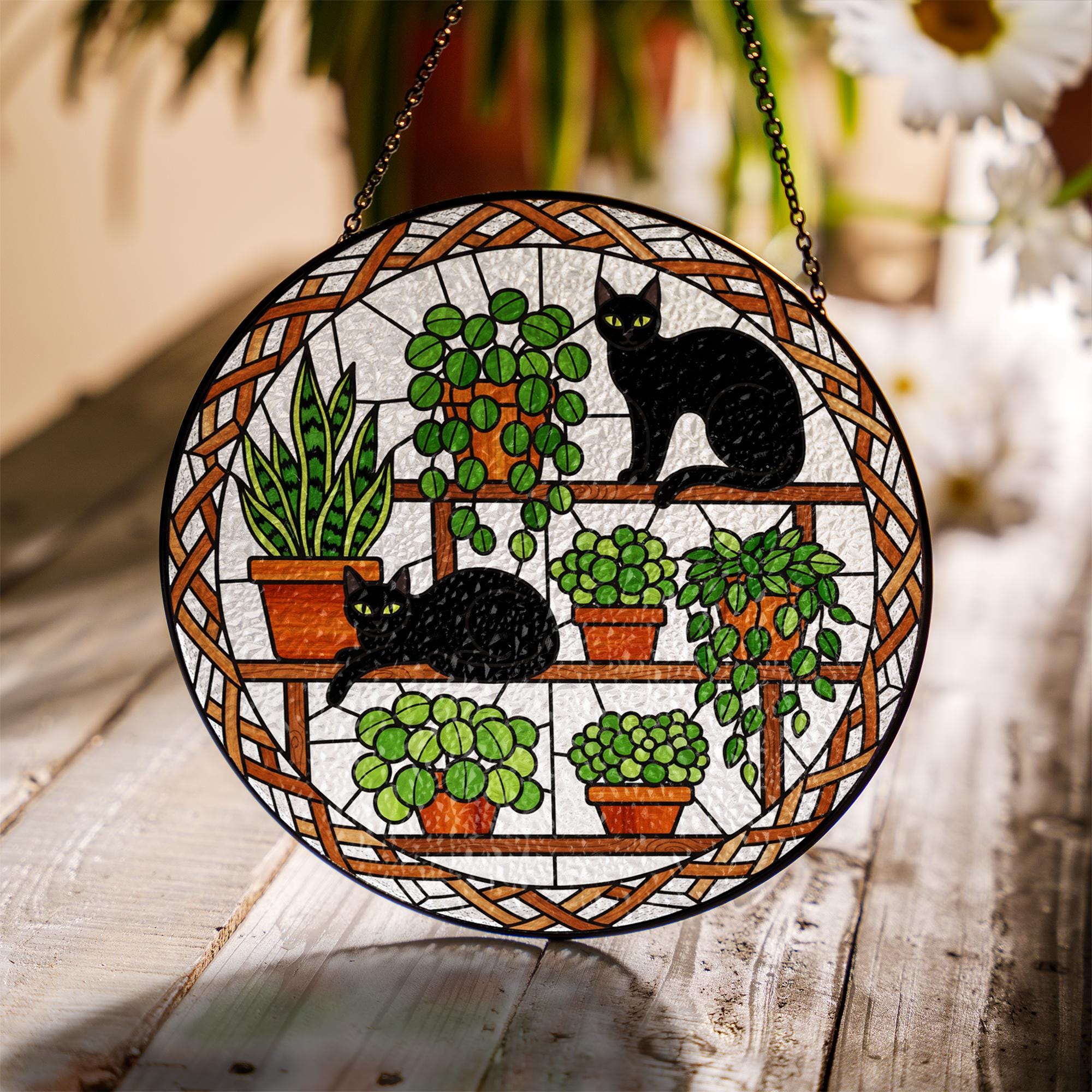Black Cat and Plants Glass Suncatcher: Glass Window Hanging Decor image 1