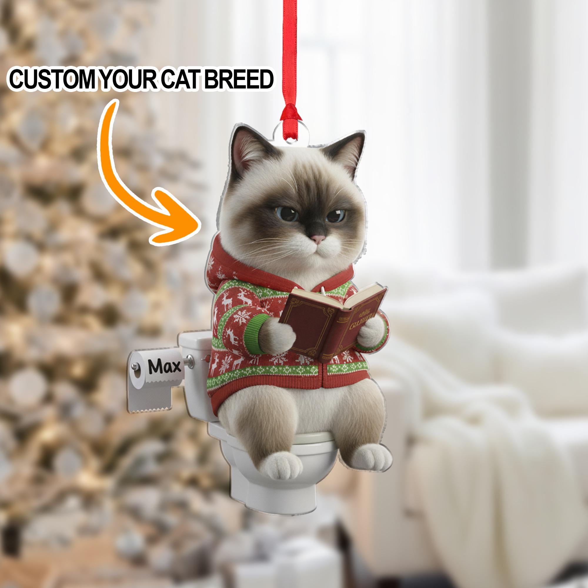 Personalized Acrylic Ornament: Custom Cat Breed, Cat on Toilet, Christmas Sweater image 1