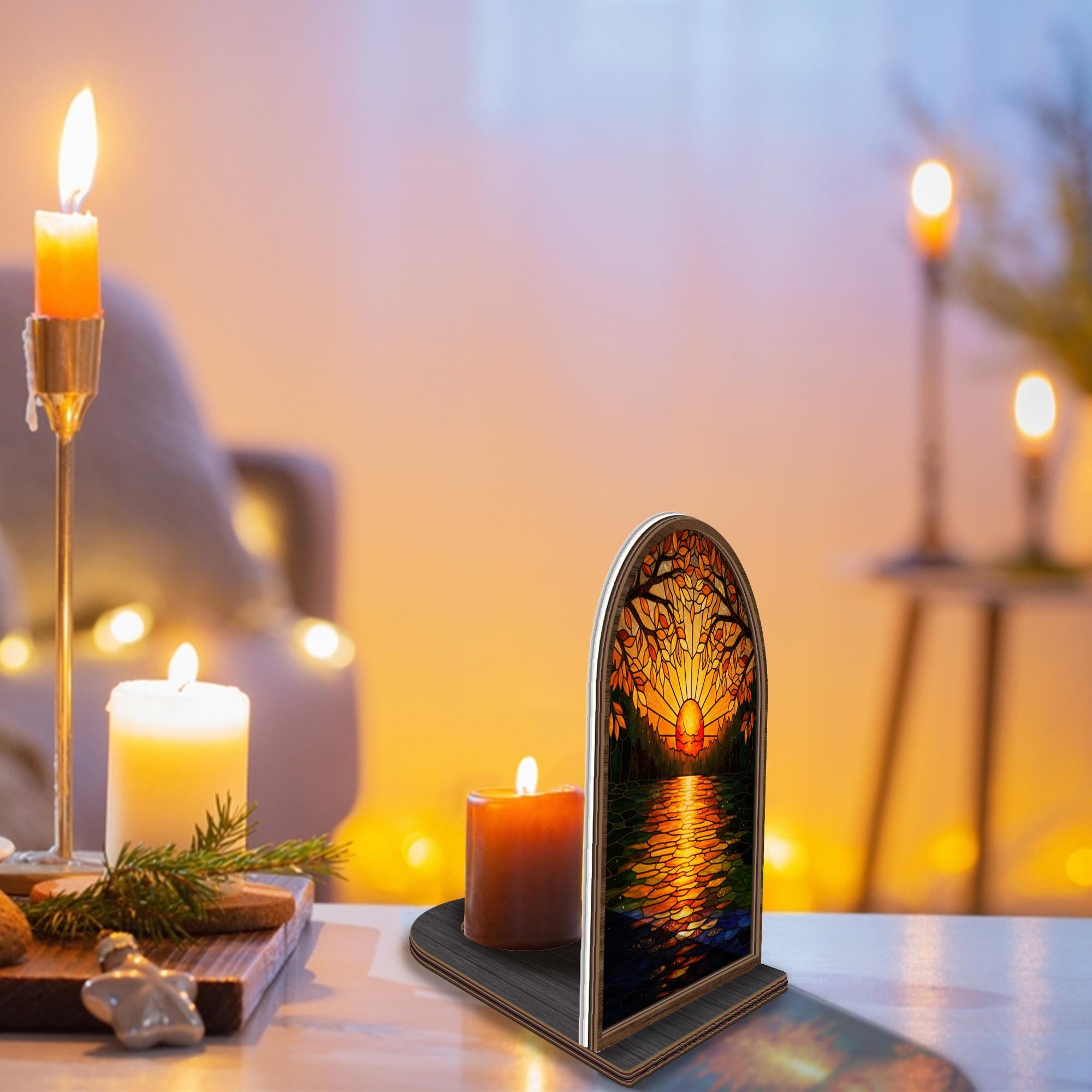 Wooden Candle Holder – Sunset Lake Design, Nature Scene Decor, Rustic Home Accent image 9