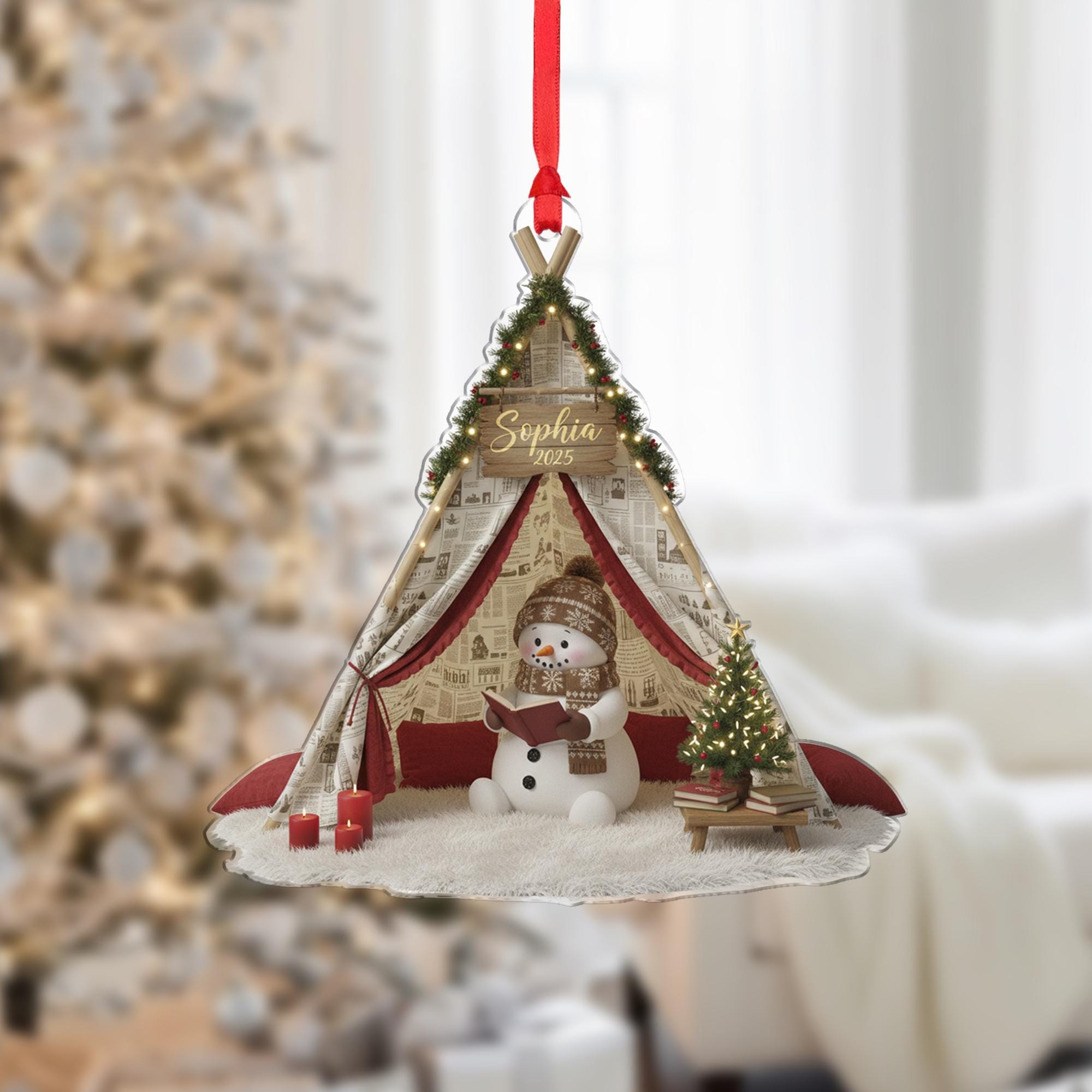 Personalized Acrylic Ornament: Christmas Decor, Reading Snowman, Tent Diorama image 2