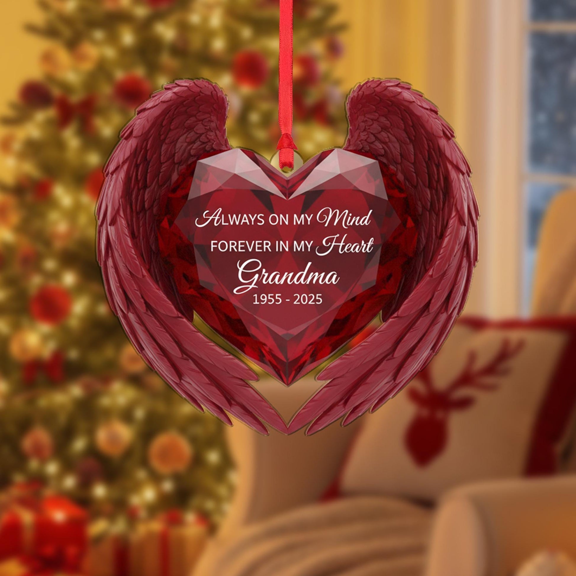 Personalized Memorial Ornament: Acrylic Heart with Angel Wings, Custom Dates, Sympathy Decor image 3