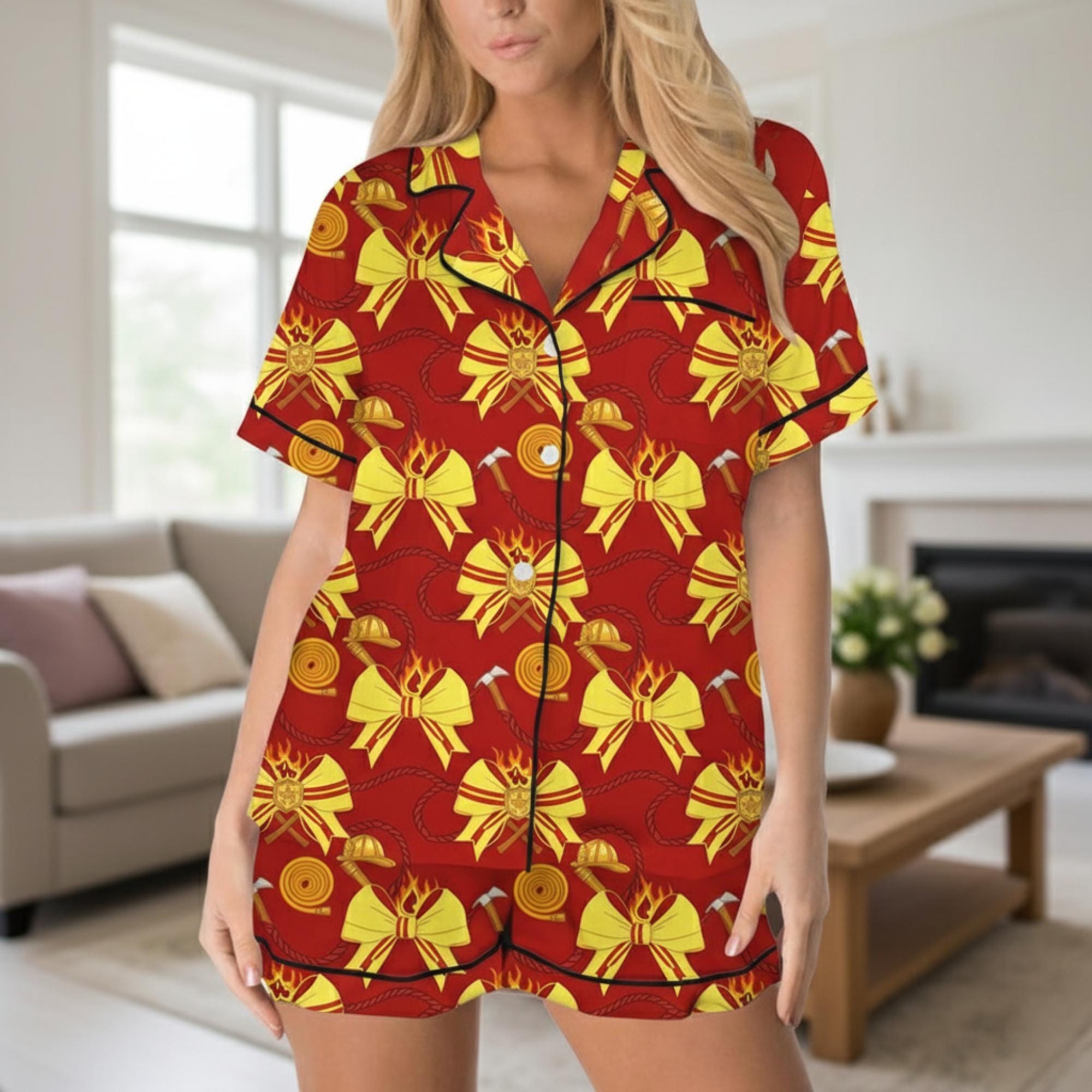Firefighter Coquette Satin Pajama Set – Custom Print Short Sleeve Sleepwear image 1