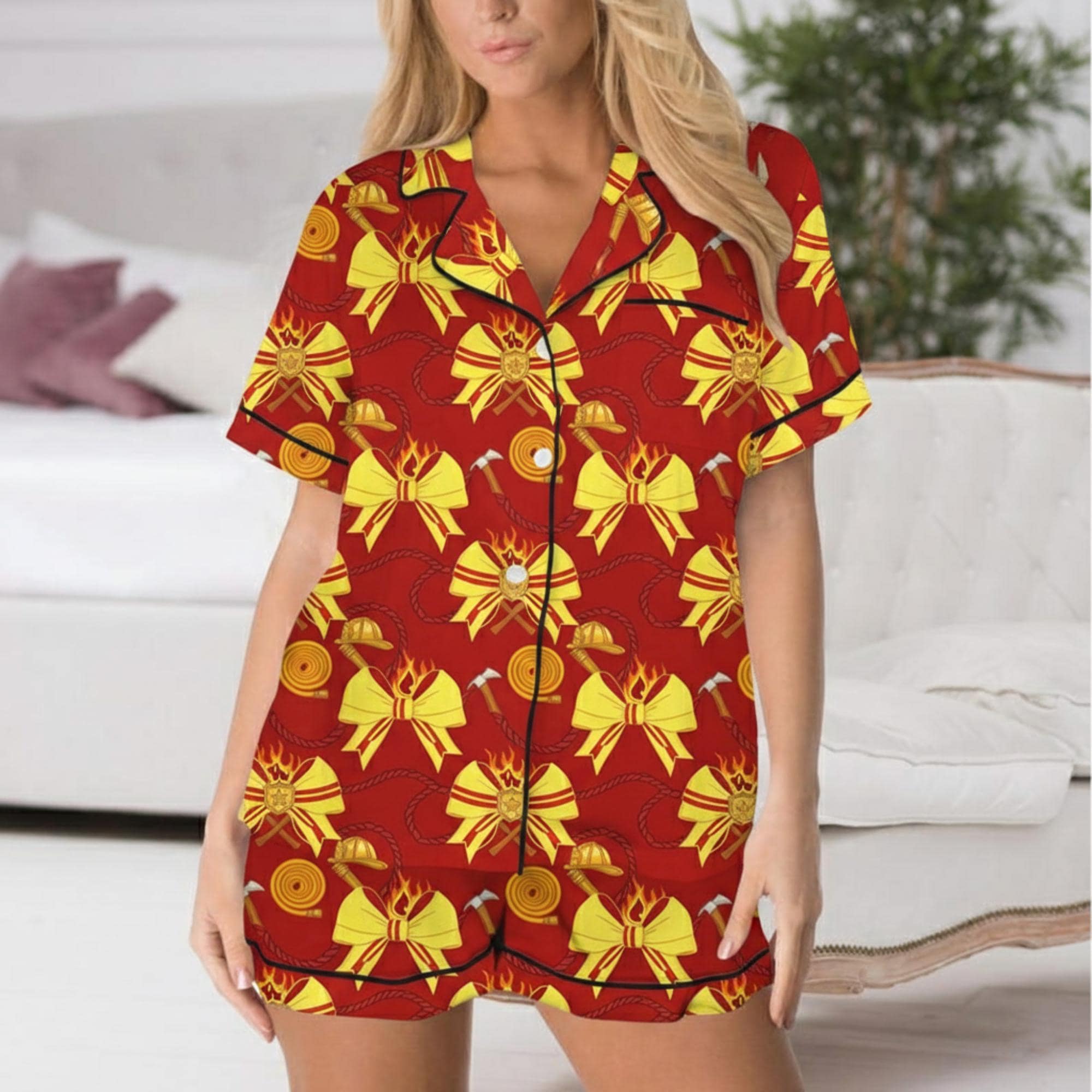 Firefighter Coquette Satin Pajama Set – Custom Print Short Sleeve Sleepwear image 2