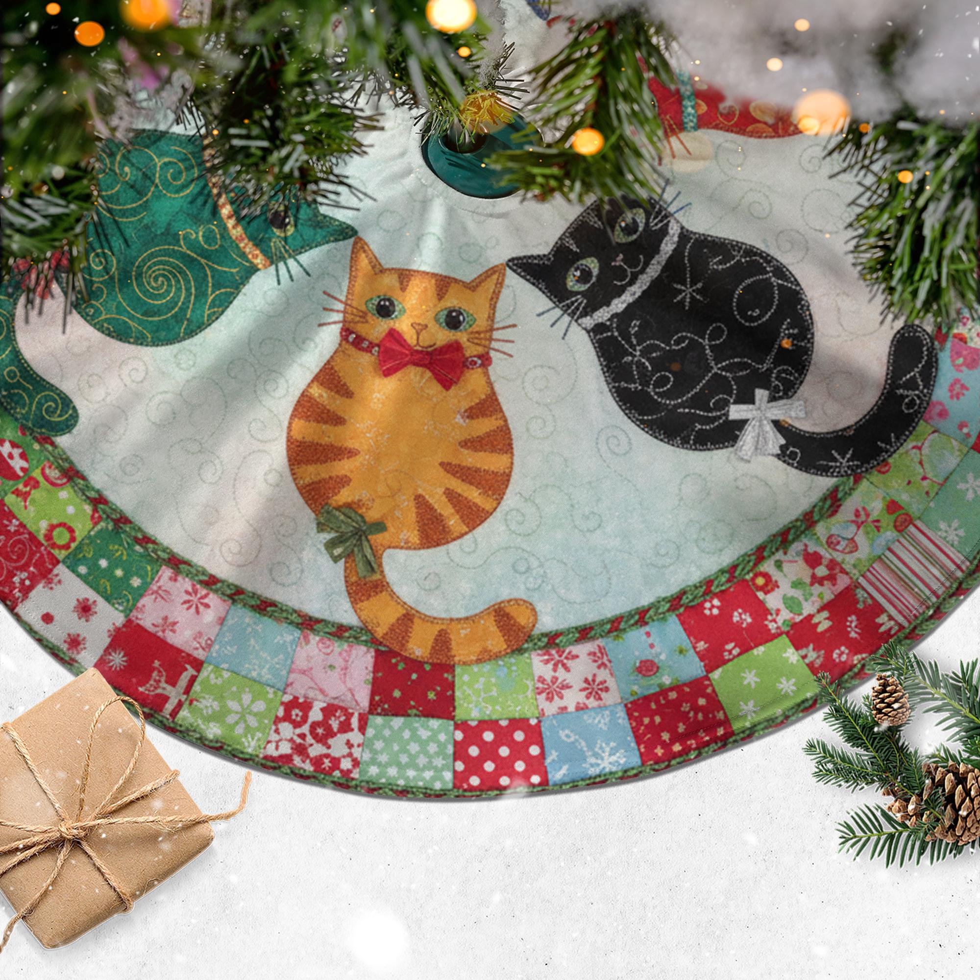 Cat Tree Skirt, Patchwork Christmas Decoration, Colorful Cat Pattern Holiday Decor image 1