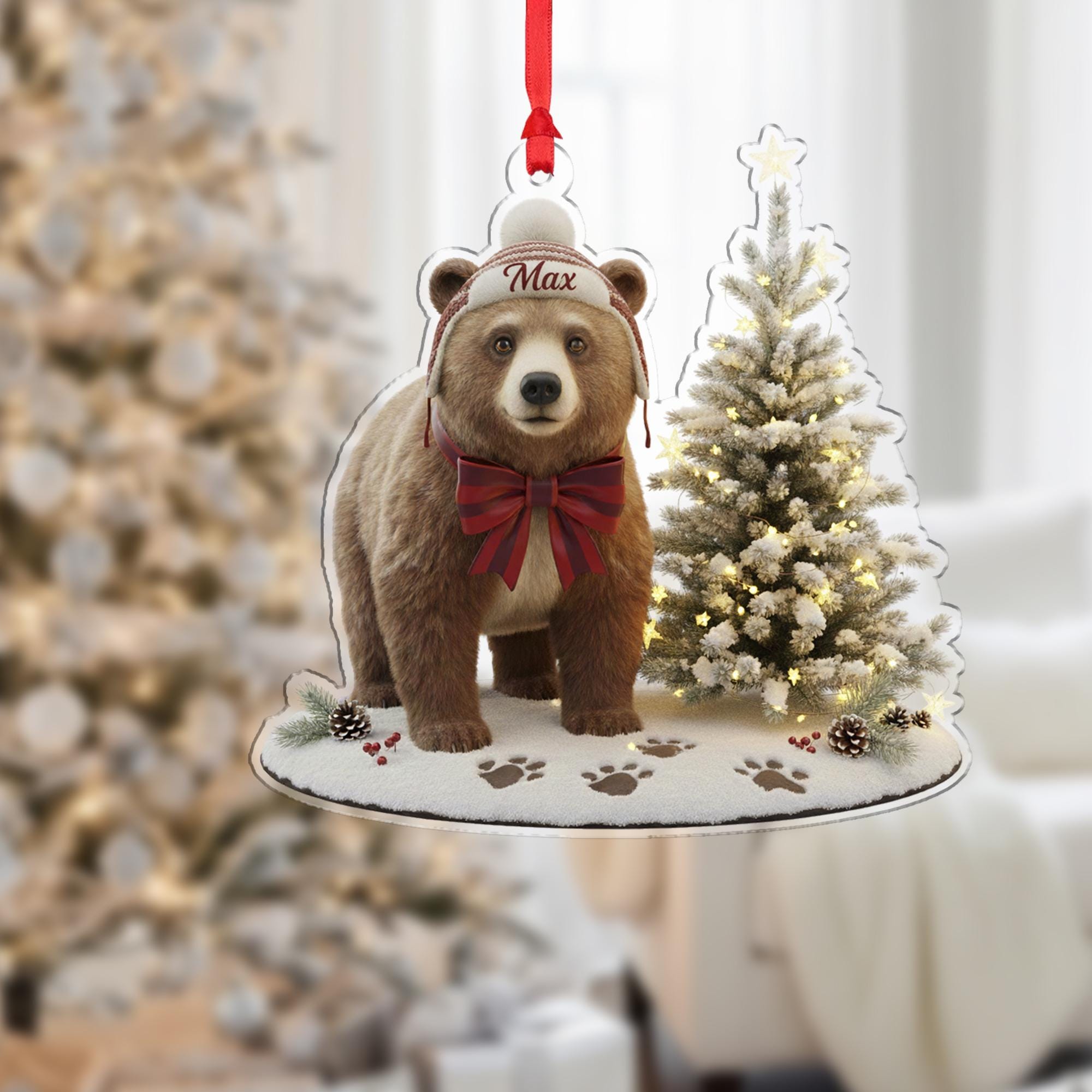 Personalized Brown Bear Ornament: Custom Name, Acrylic Wildlife Christmas Gift image 1