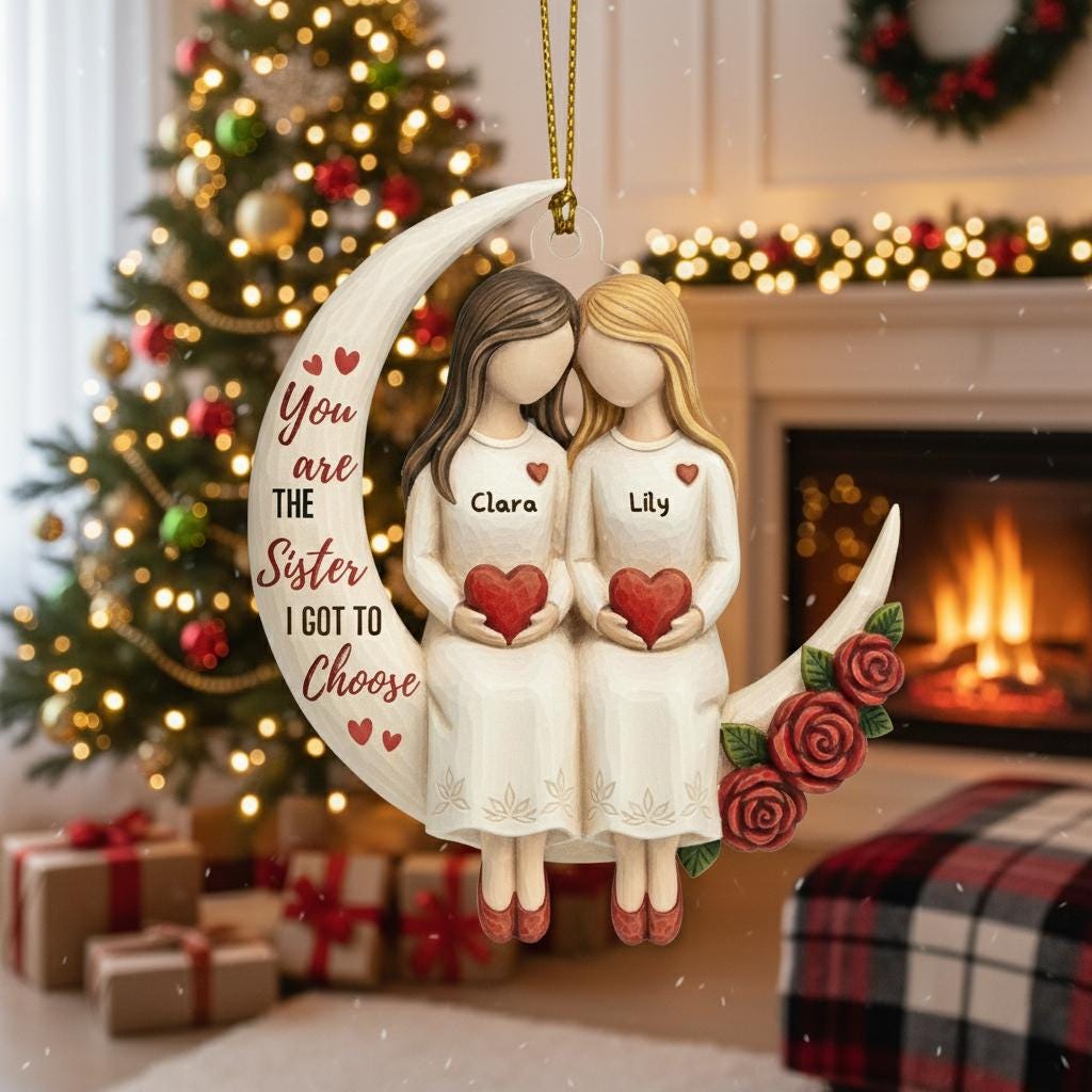 Custom Sister Ornament, Personalized Name Bestie Gift, Friends Ornament Moon Design image 1